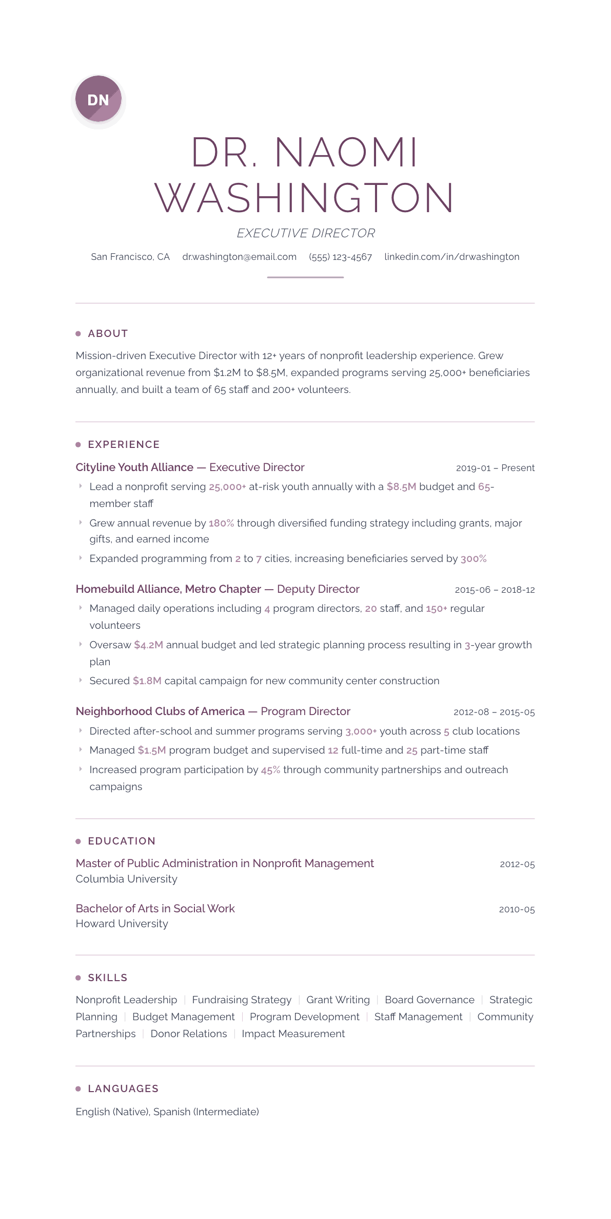 Executive Director (Nonprofit) resume example, Serenity template