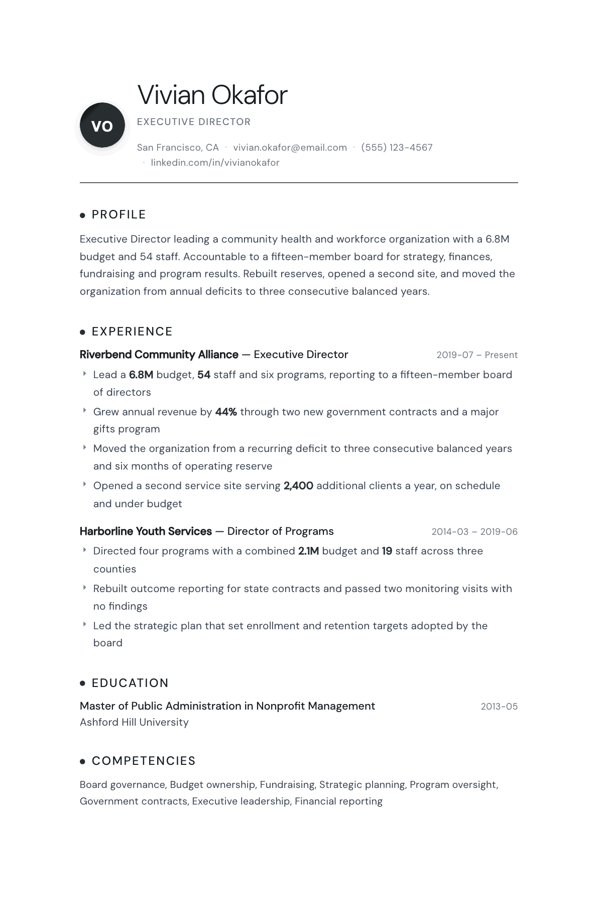 Executive Director resume example, Pinnacle template