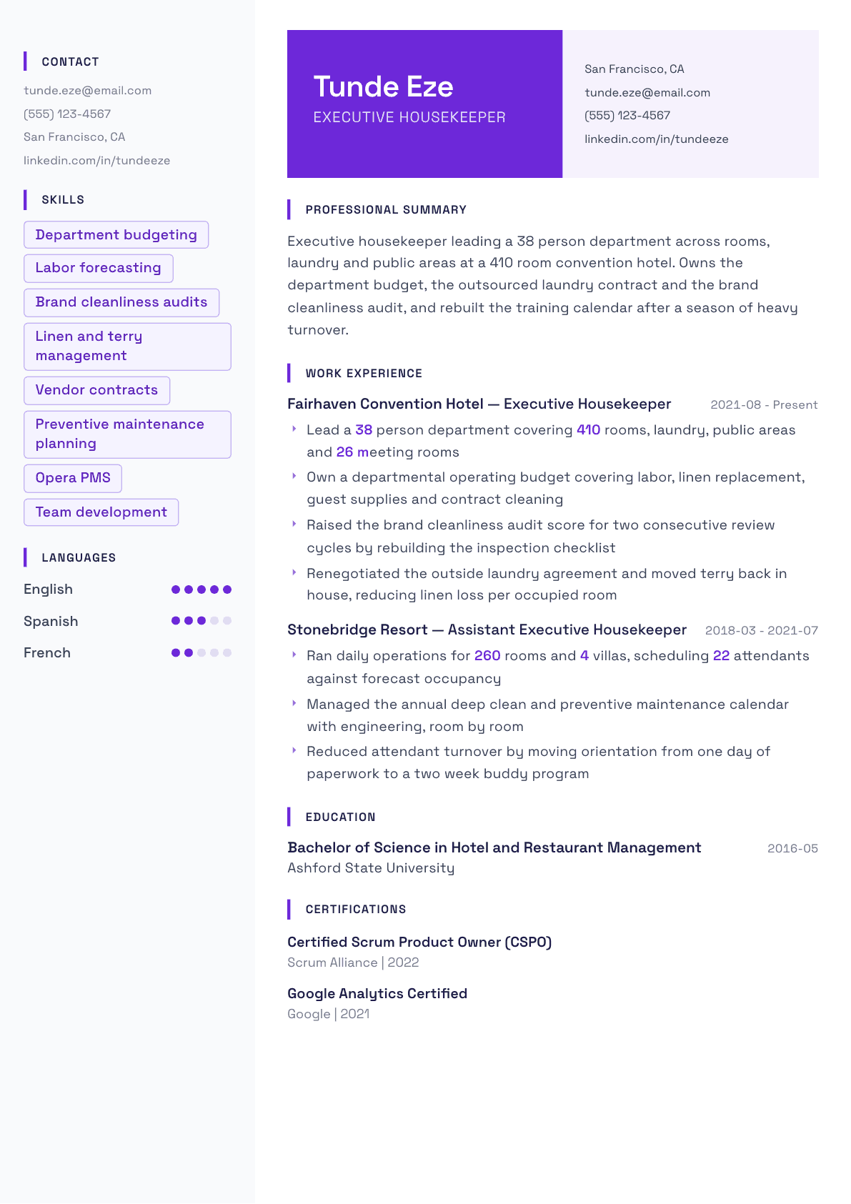 Executive Housekeeper resume example, Tokyo template