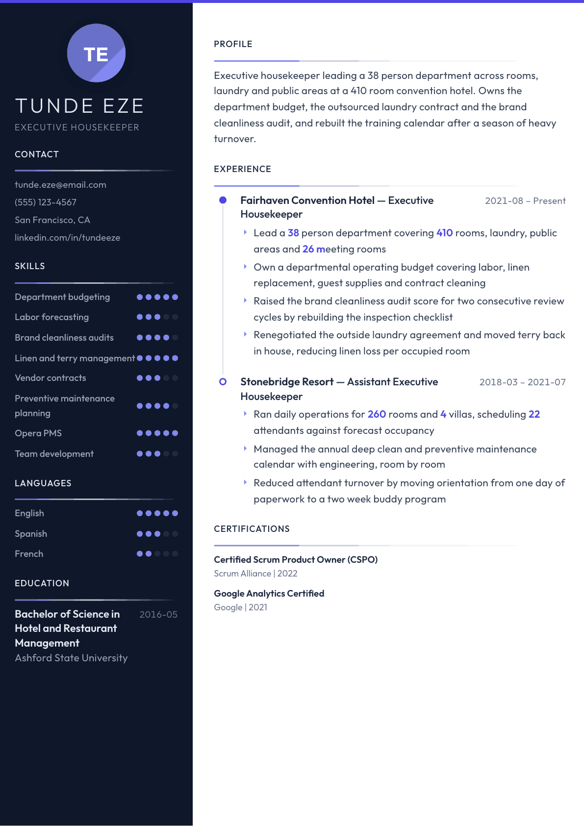 Executive Housekeeper resume example, Zenith template