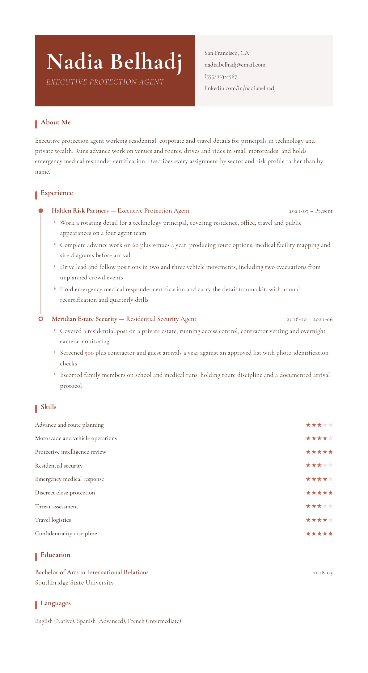 Executive Protection Agent resume example, Artisan template