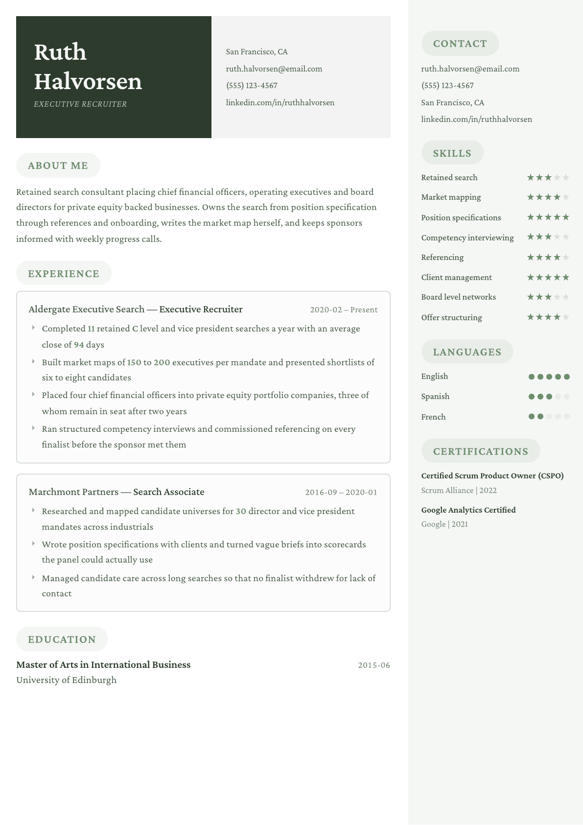 Executive Recruiter resume example, Mayfair template