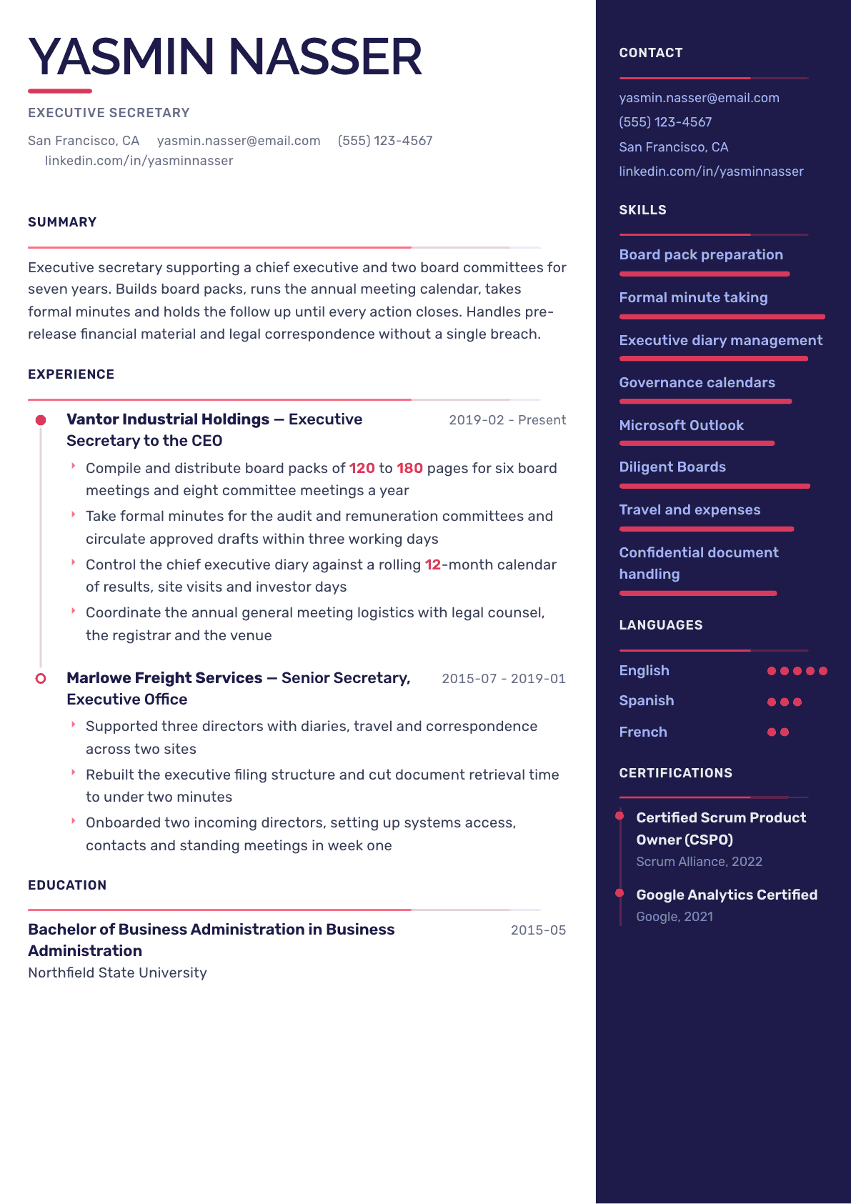 Executive Secretary resume example, Obsidian Dark template