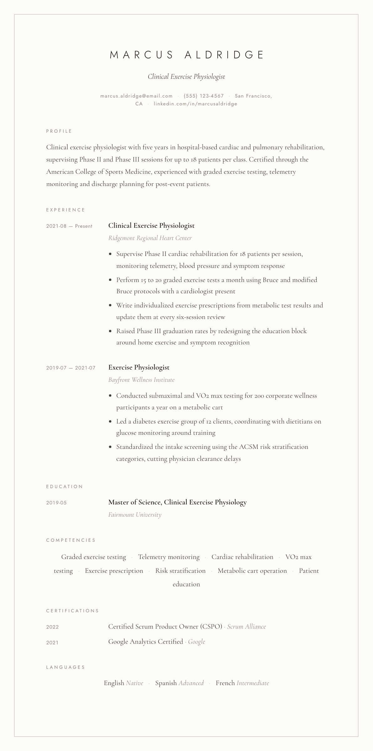 Exercise Physiologist resume example, Vellum template