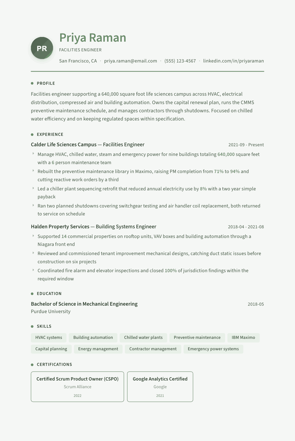 Facilities Engineer resume example, Sage Garden template