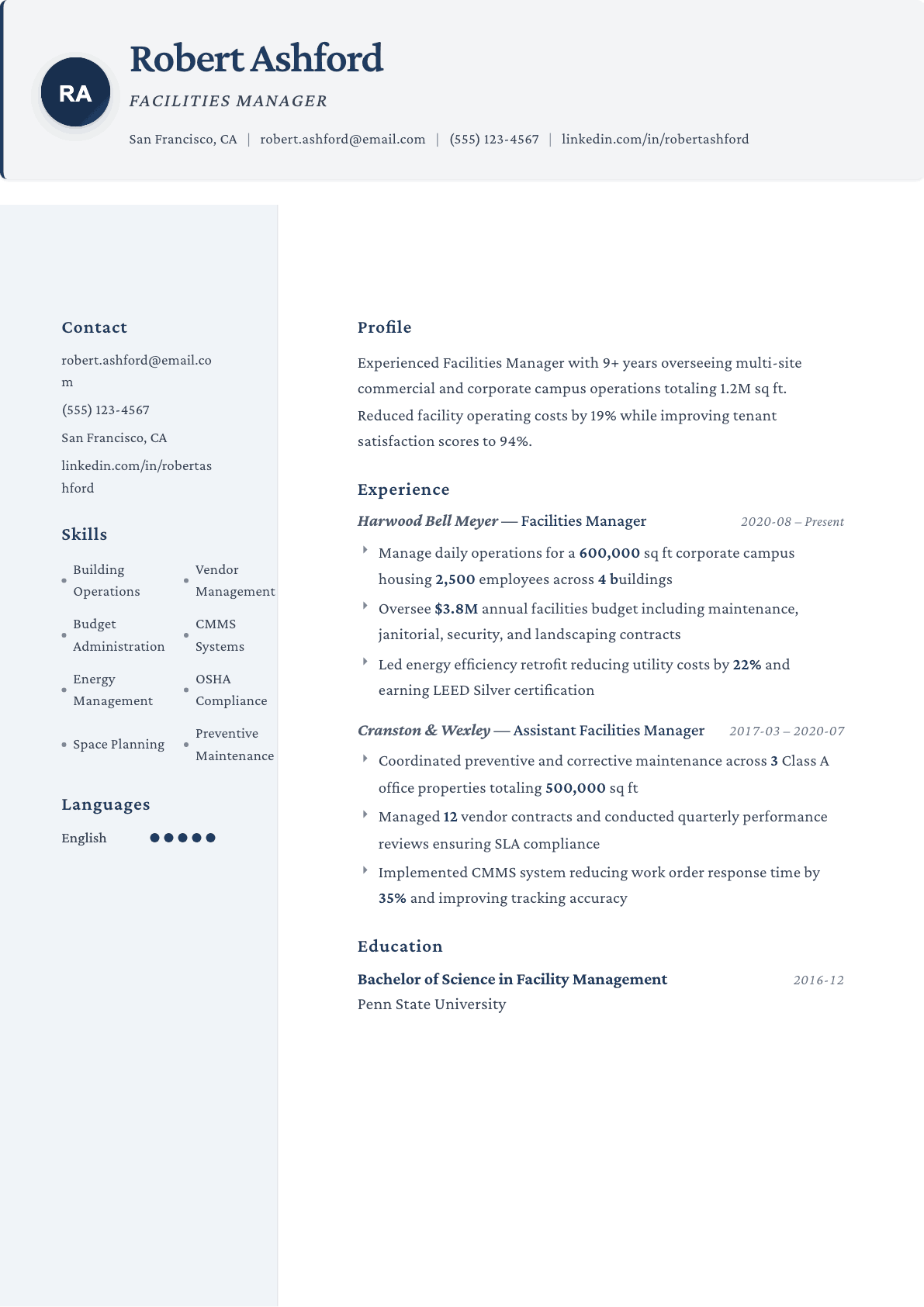 Facilities Manager resume example, Formal template