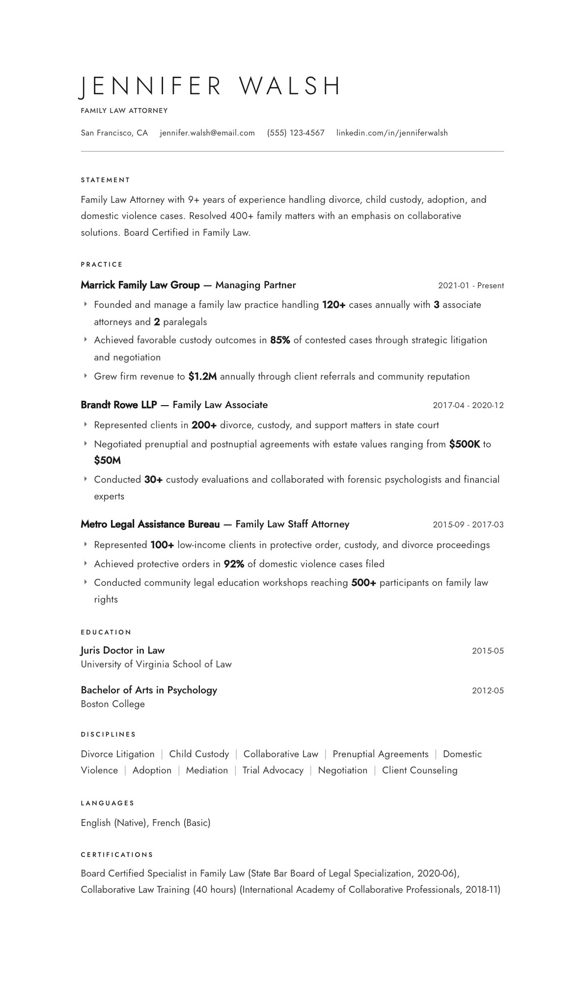 Family Law Attorney resume example, Atelier template