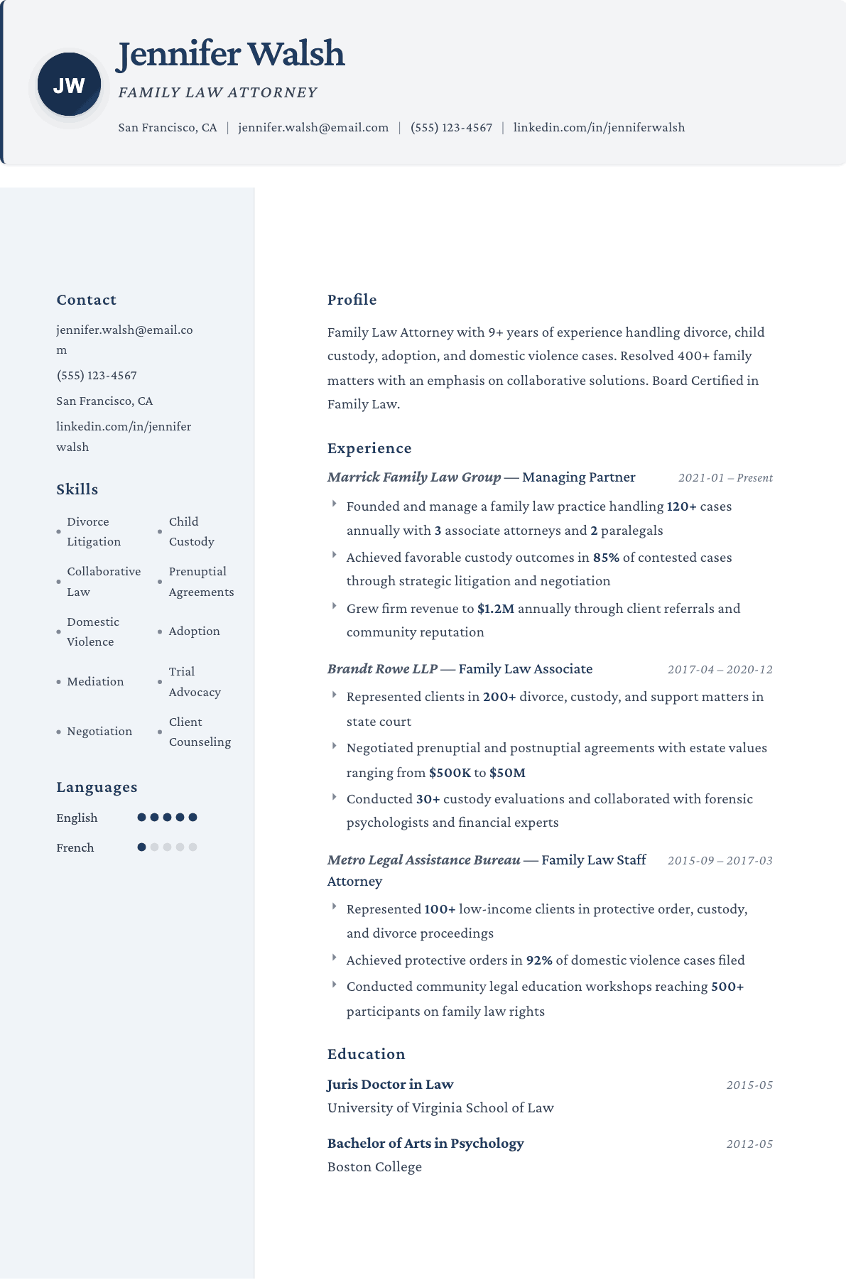 Family Law Attorney resume example, Formal template