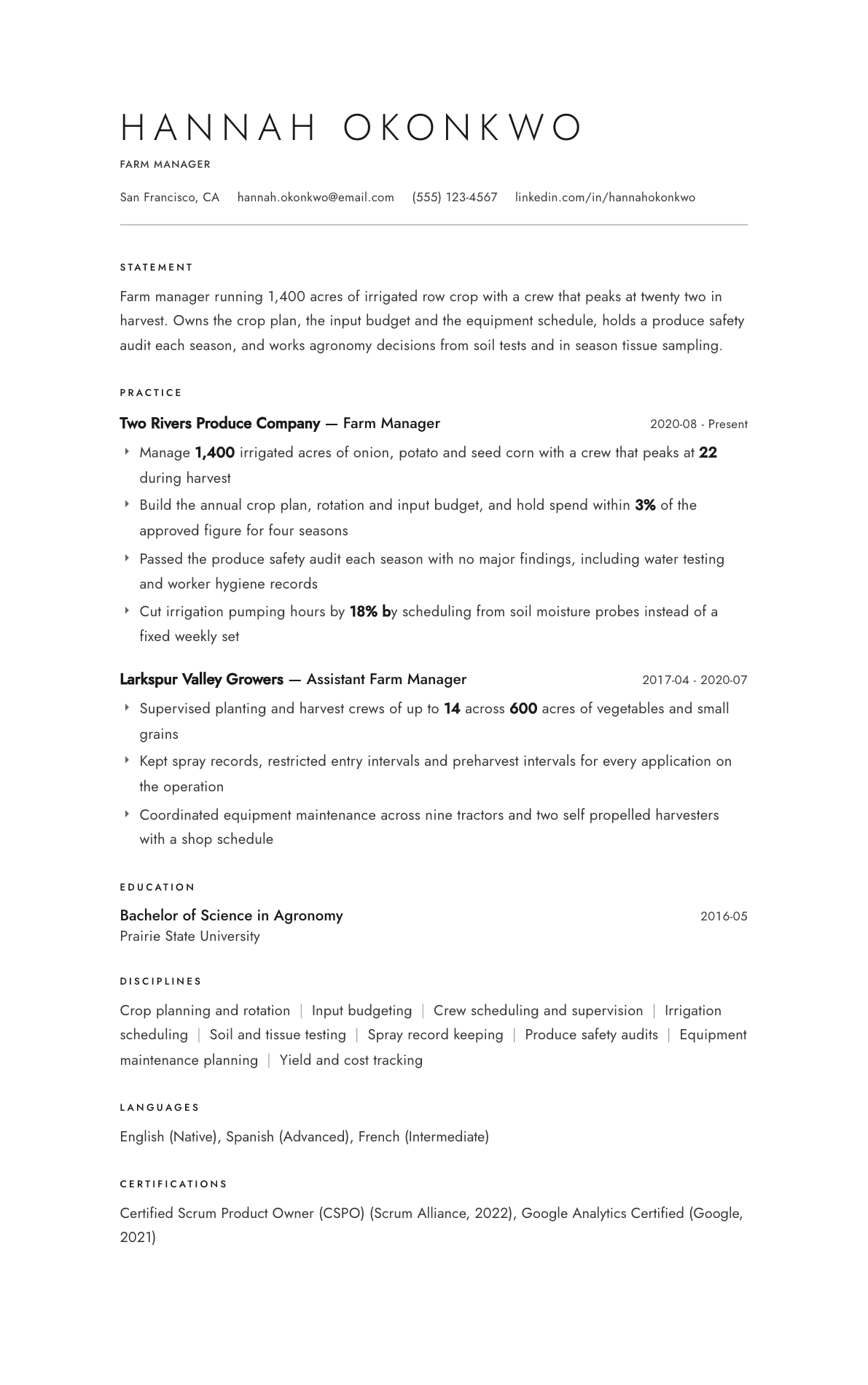 Farm Manager resume example, Atelier template