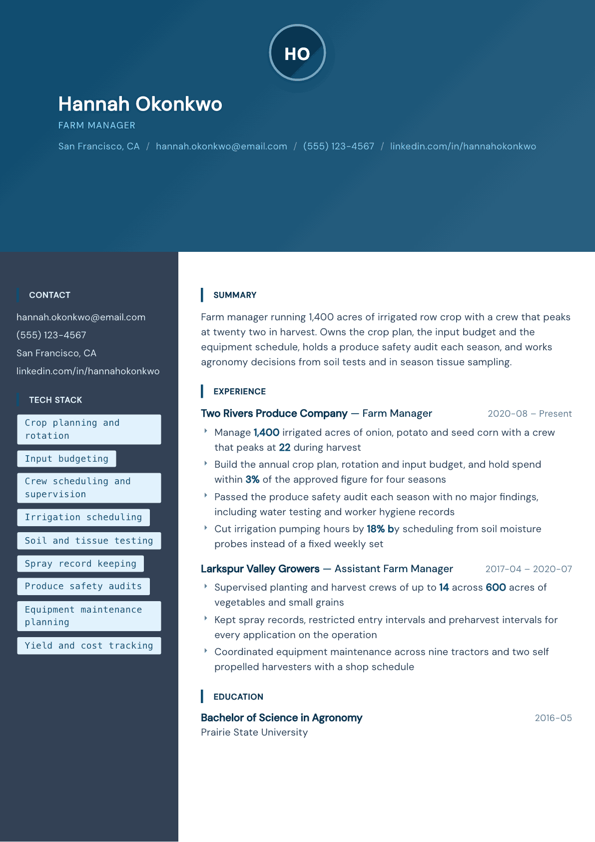 Farm Manager resume example, Prism template