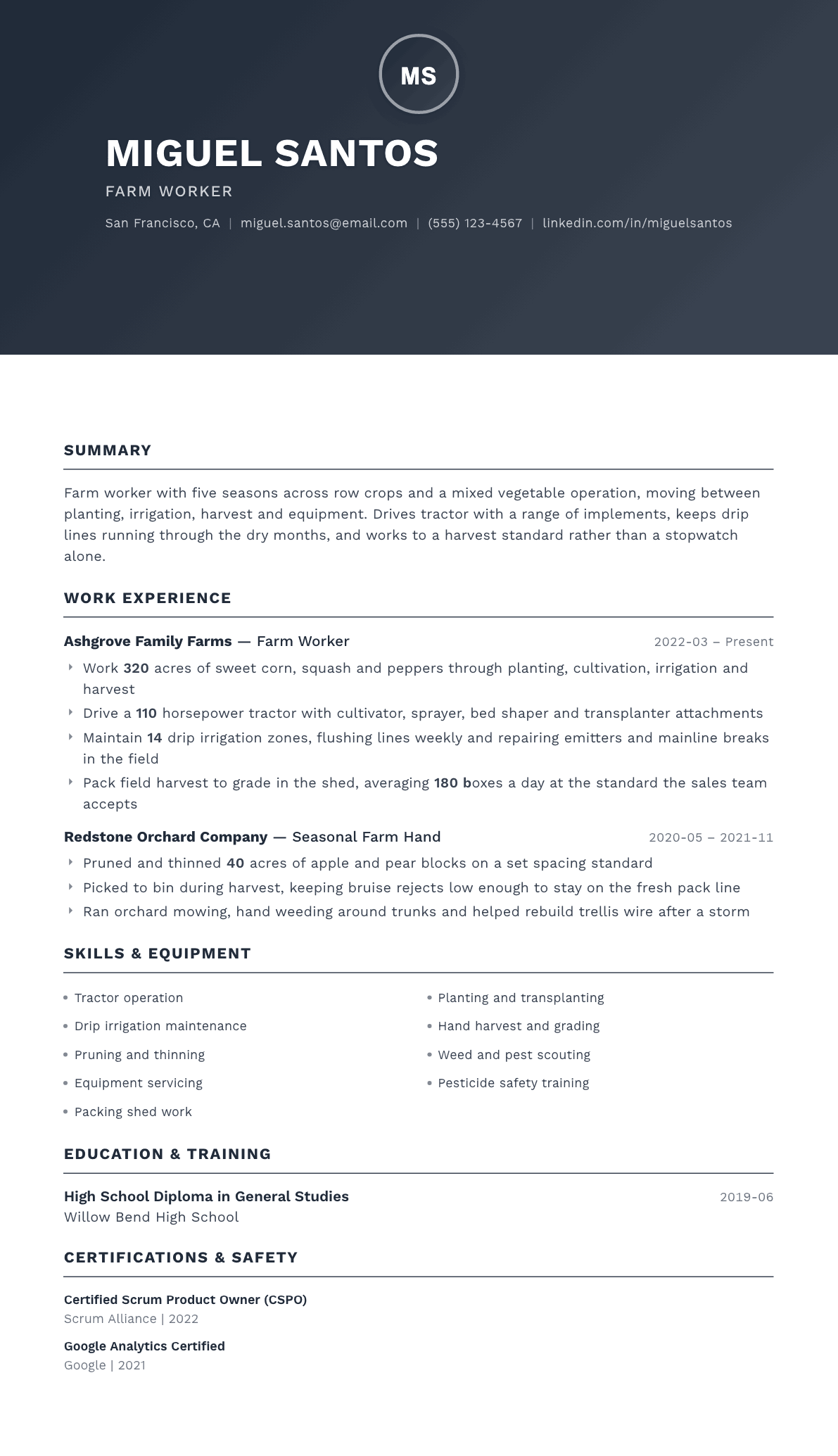Farm Worker resume example, Foundation template