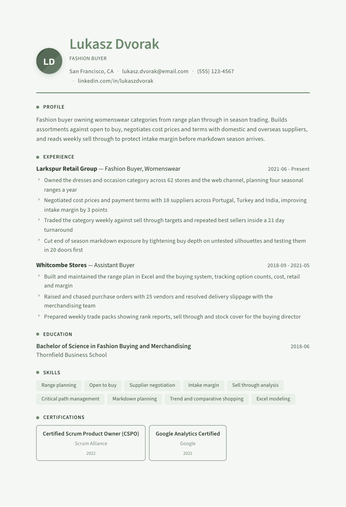 Fashion Buyer resume example, Sage Garden template