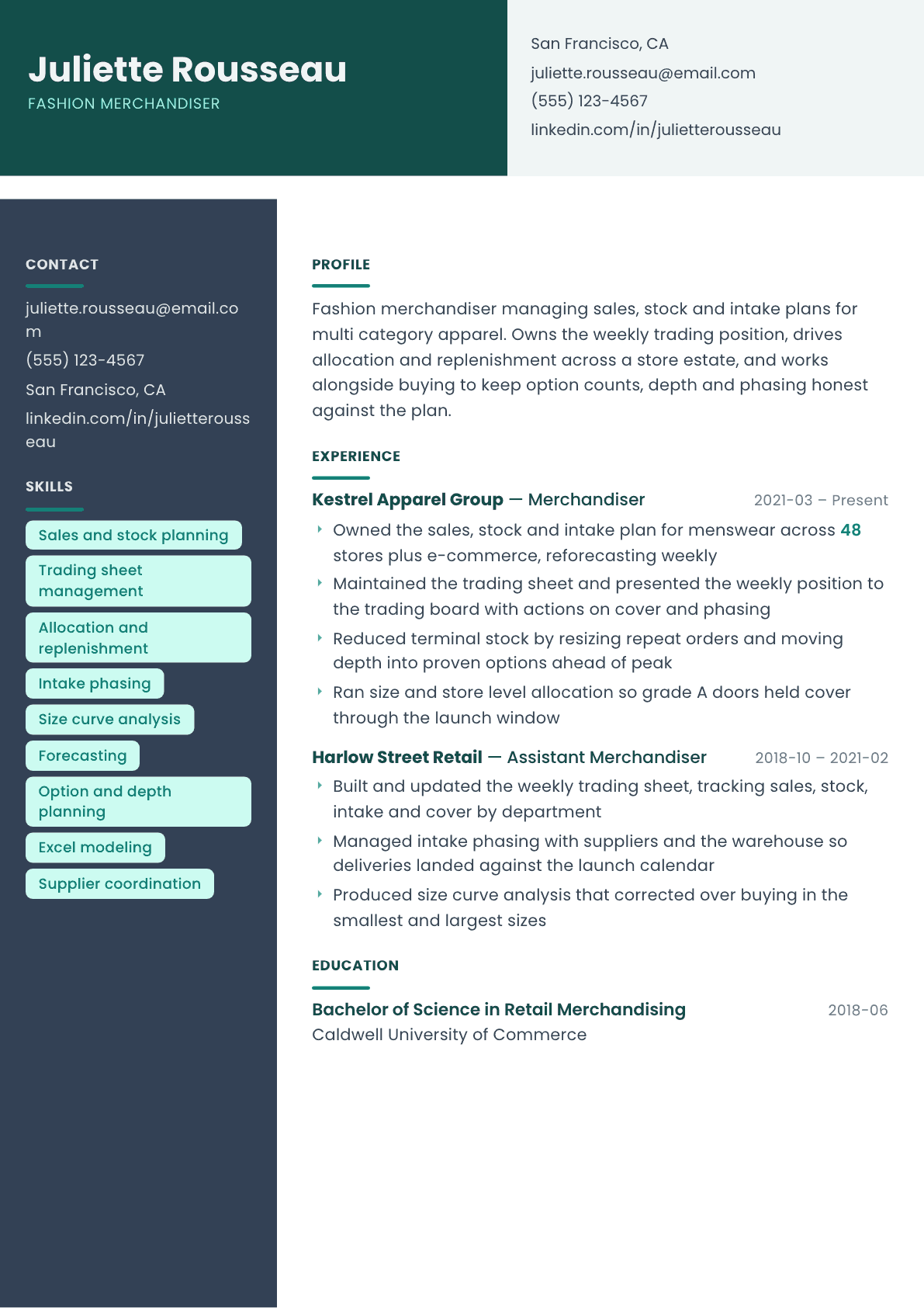 Fashion Merchandiser resume example, Spectrum template