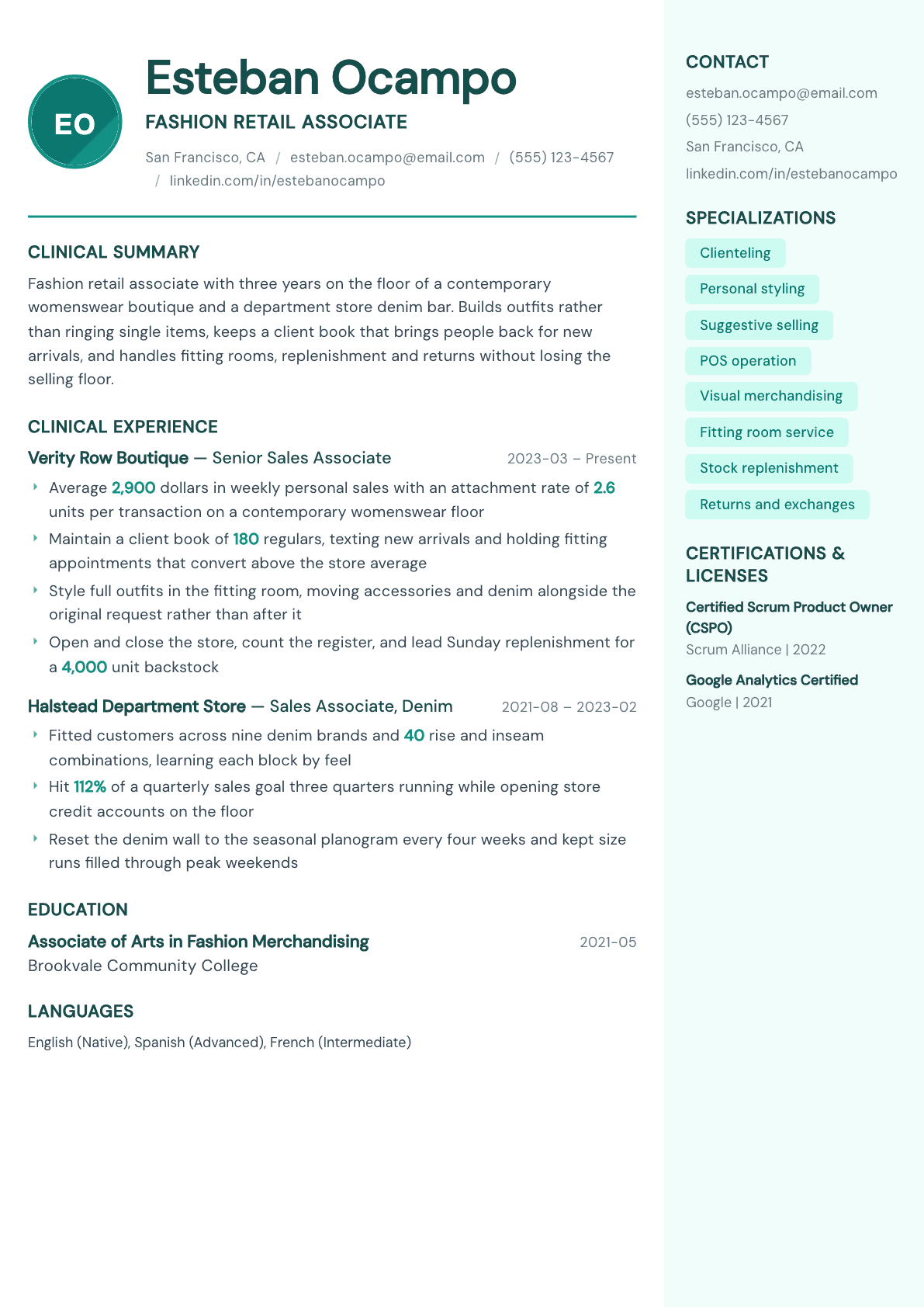 Fashion Retail Associate resume example, Remedy template
