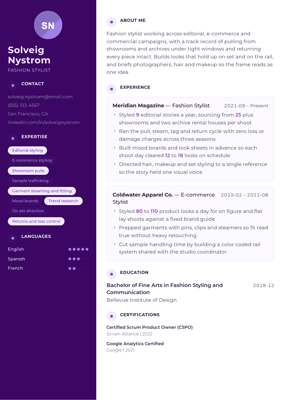 Fashion Stylist resume example, Palette template