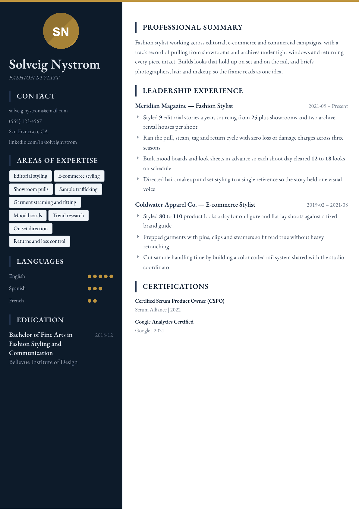 Fashion Stylist resume example, Presidio template