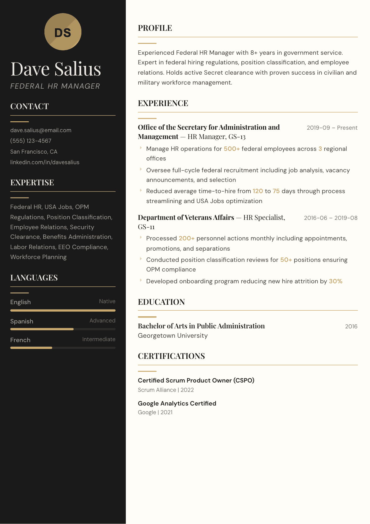Federal resume example, Obsidian template