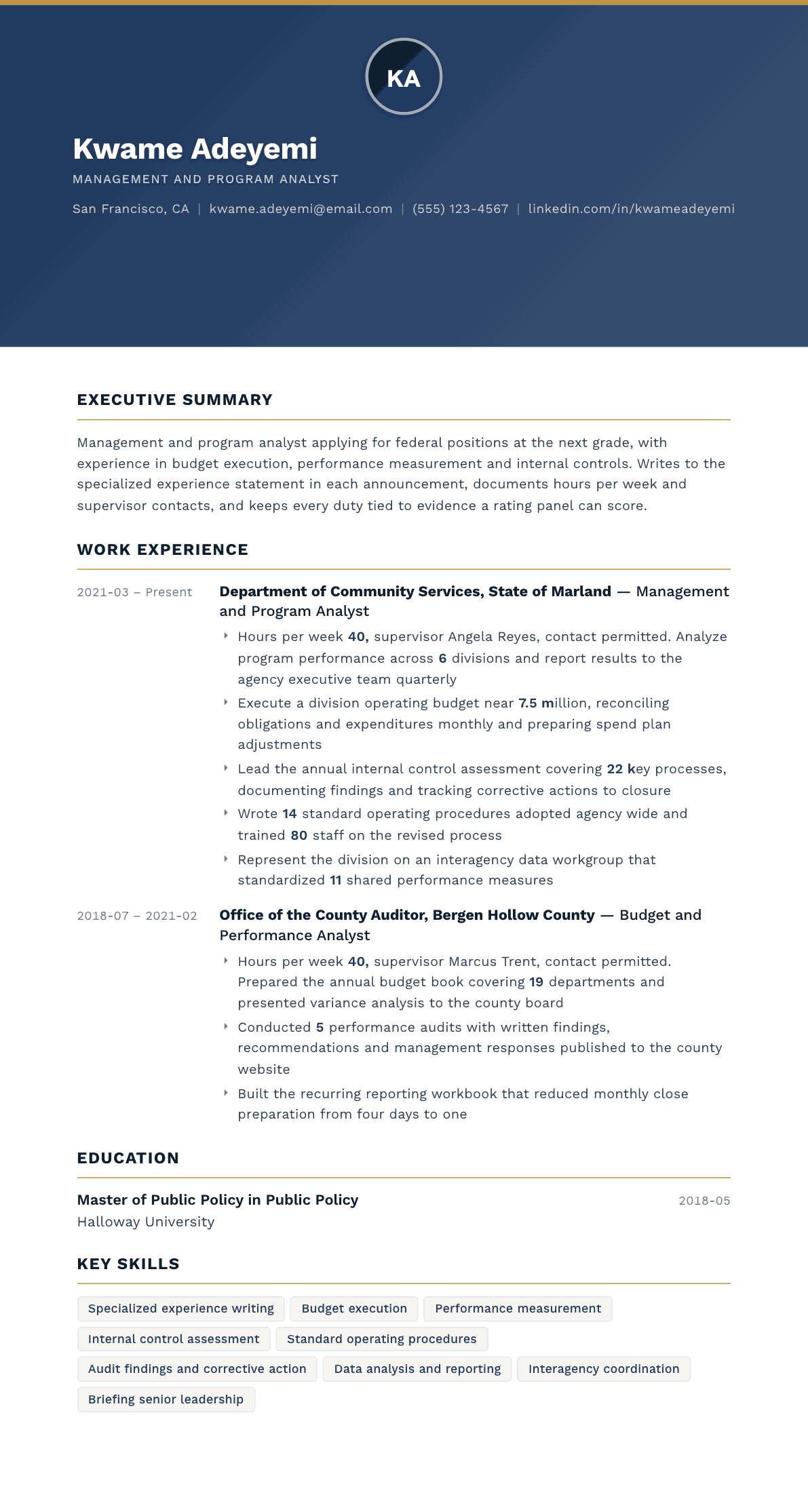 Federal Government resume example, Sovereign template