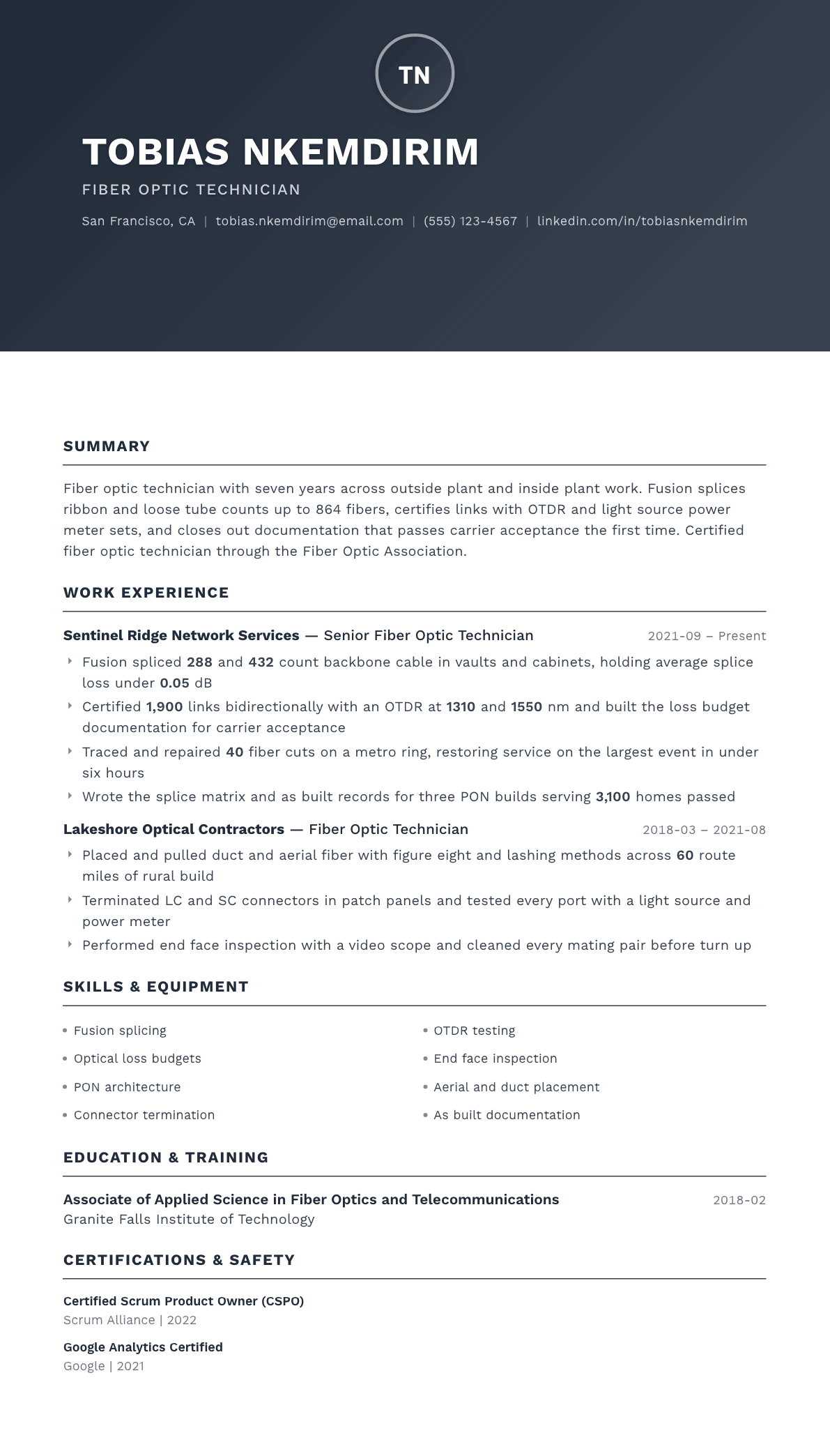 Fiber Optic Technician resume example, Foundation template