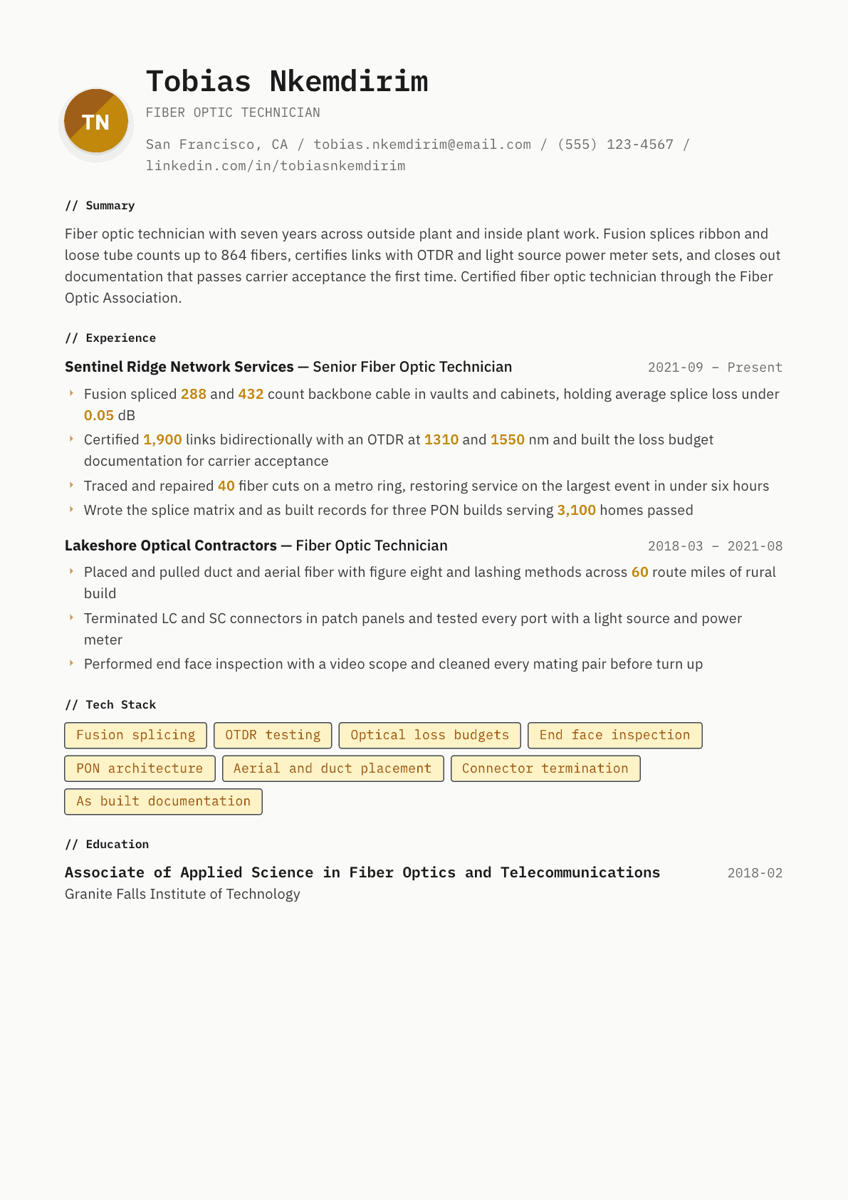 Fiber Optic Technician resume example, Inkwell template