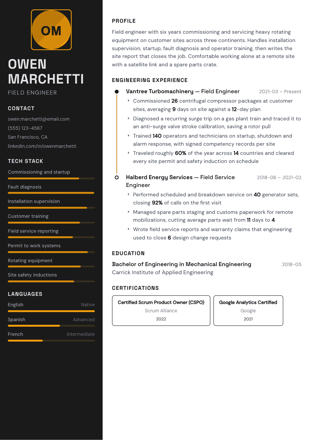 Field Engineer resume example, Architect template