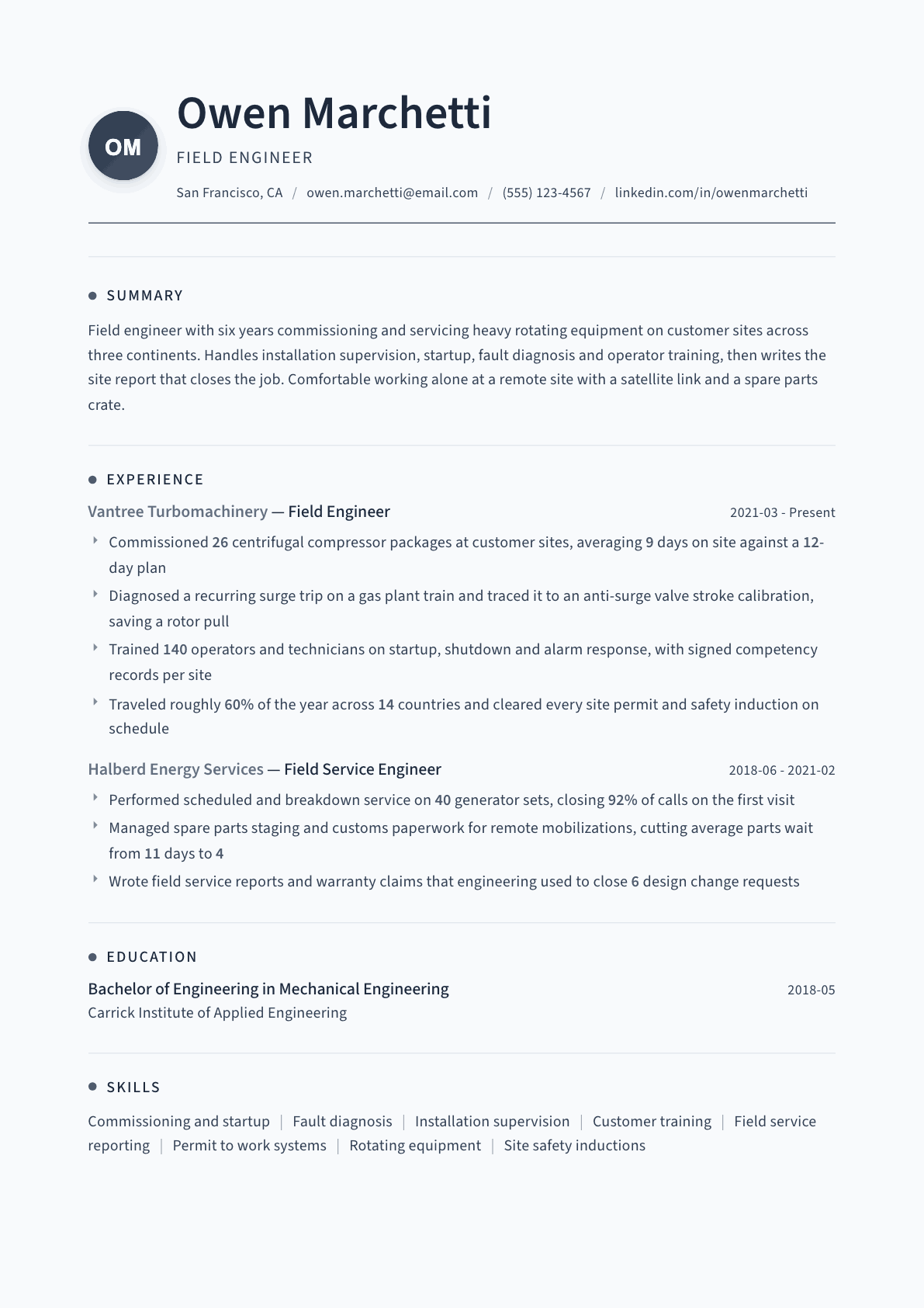 Field Engineer resume example, Thread template