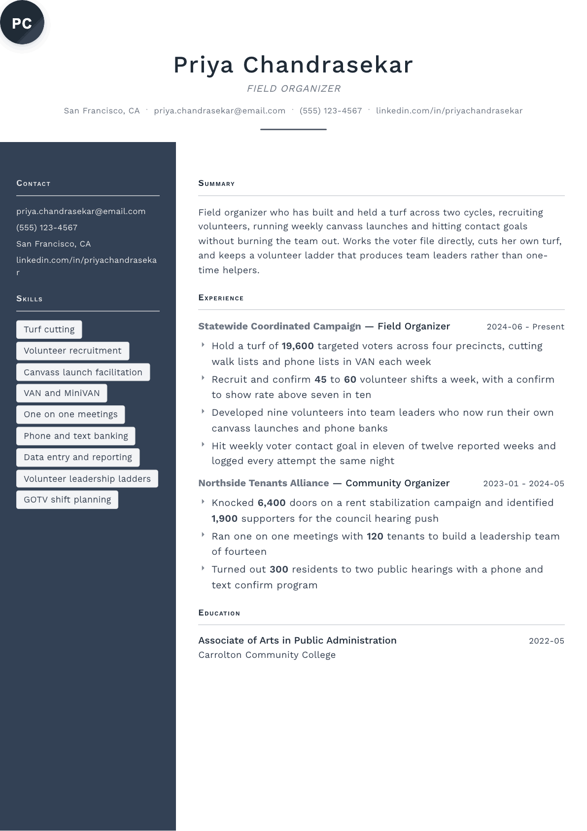 Field Organizer resume example, Fold template