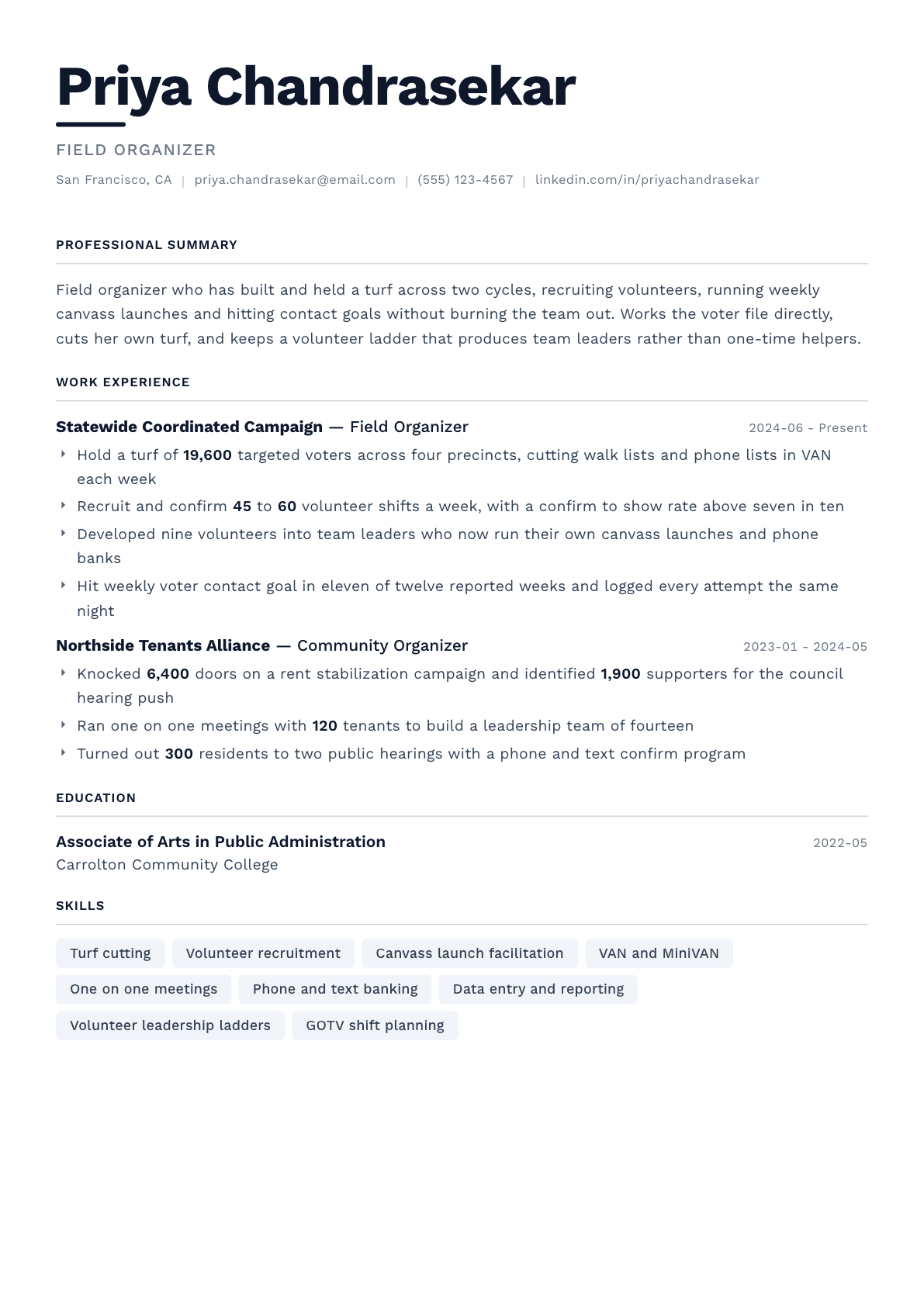 Field Organizer resume example, Berlin template