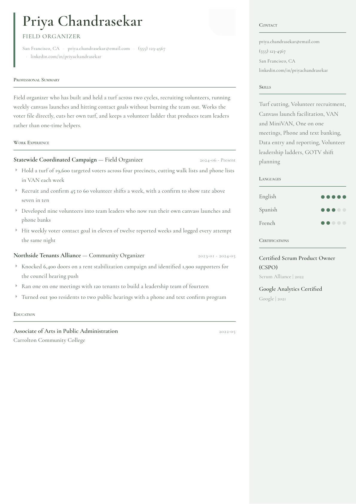 Field Organizer resume example, Copenhagen template