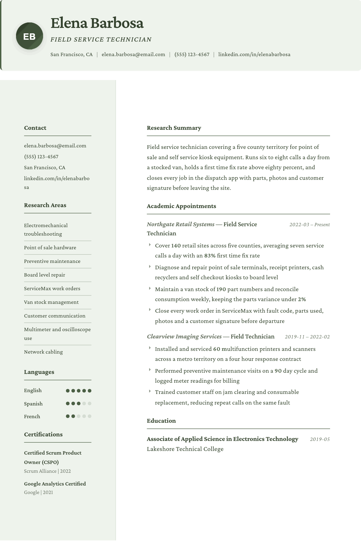 Field Service Technician resume example, Research template