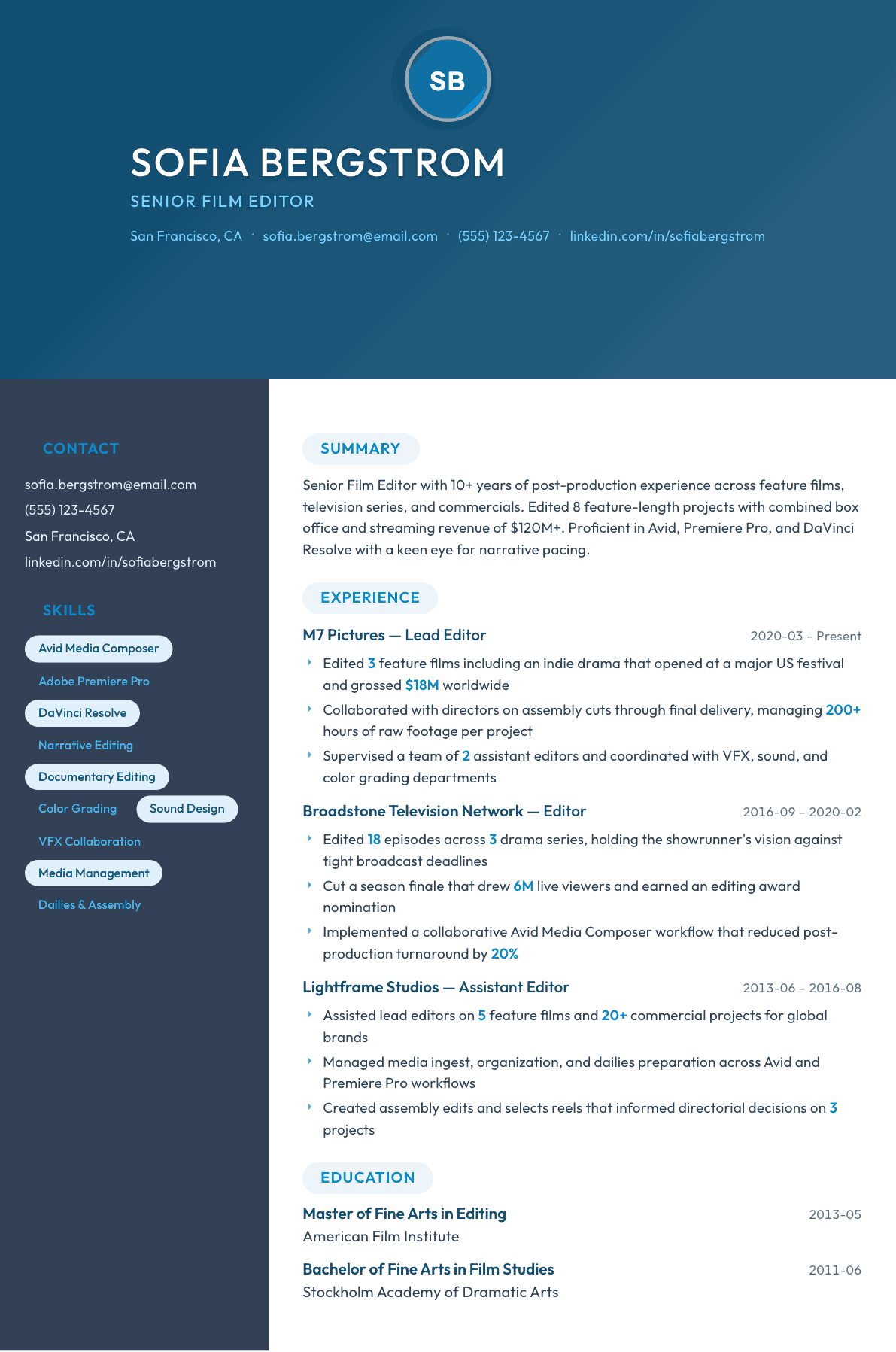 Film Editor resume example, Nexus template