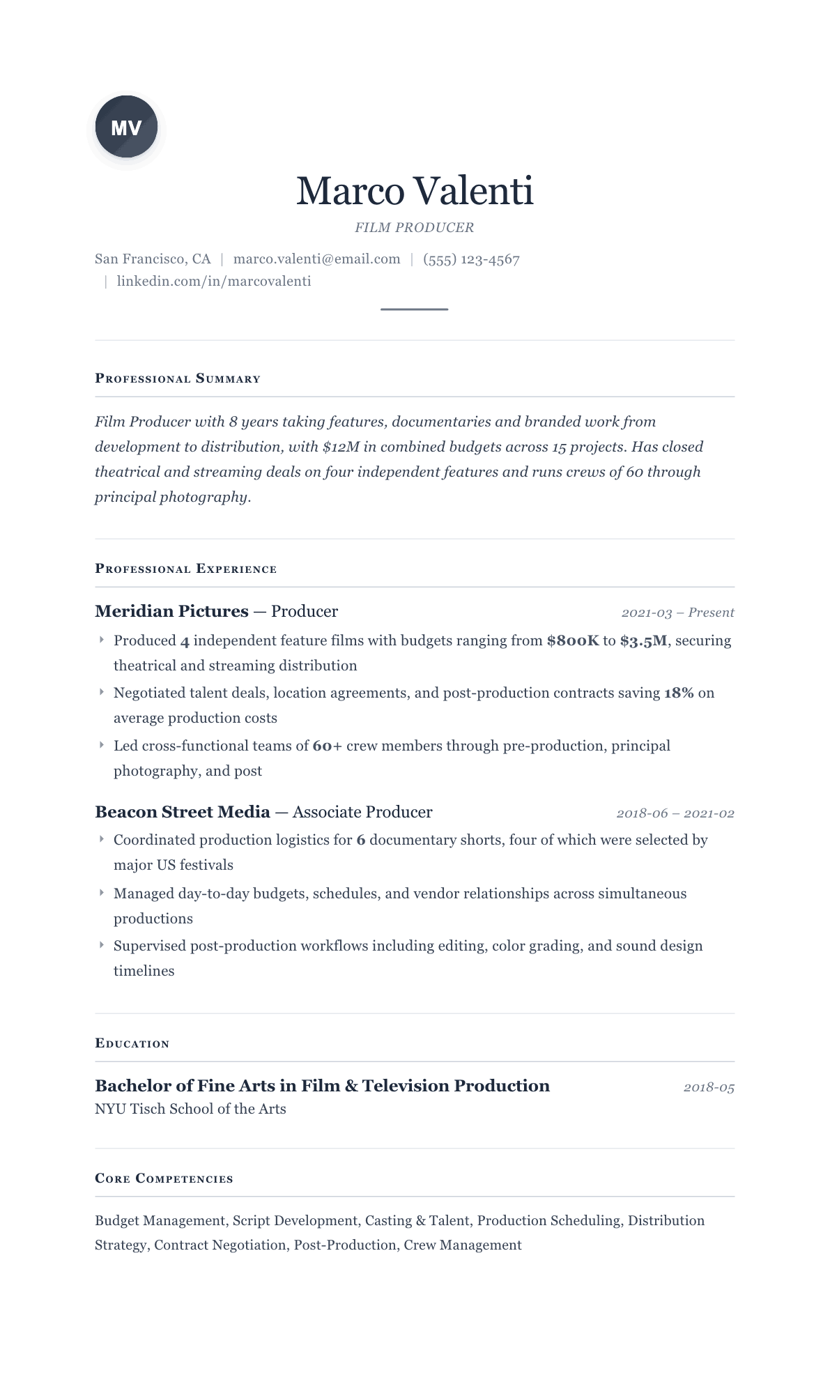 Film Producer resume example, Cornerstone template