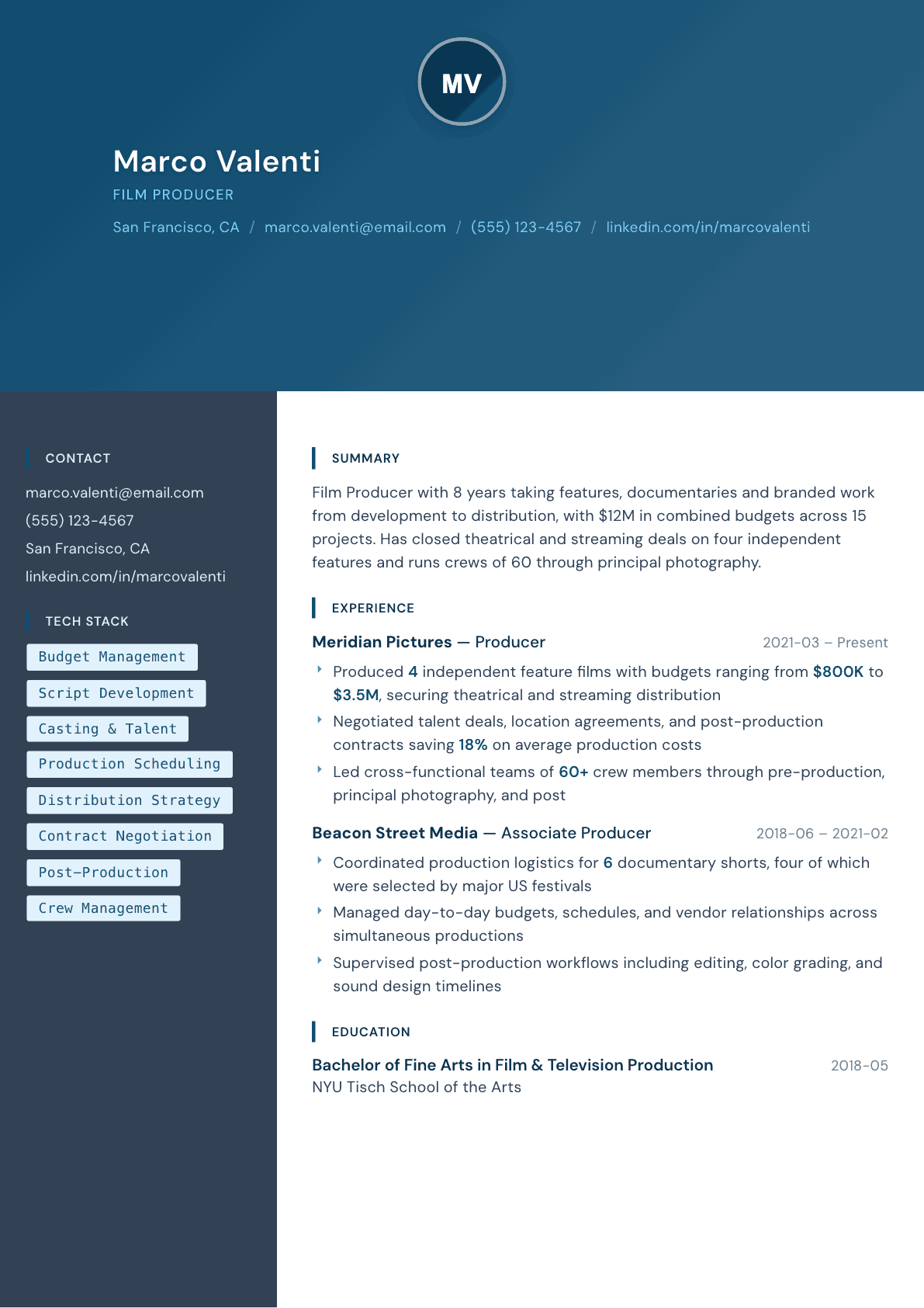 Film Producer resume example, Prism template
