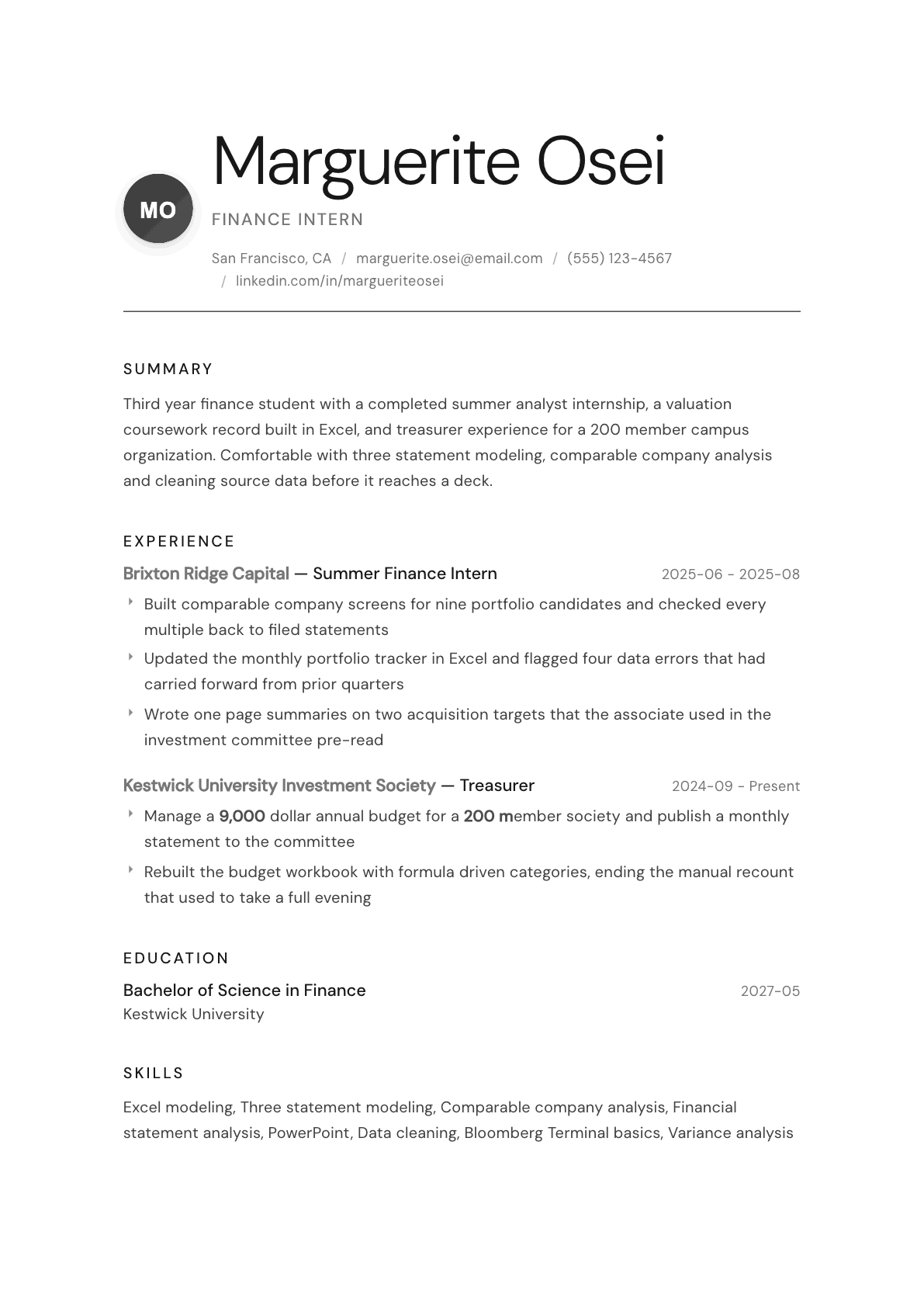 Finance Intern resume example, Whisper template