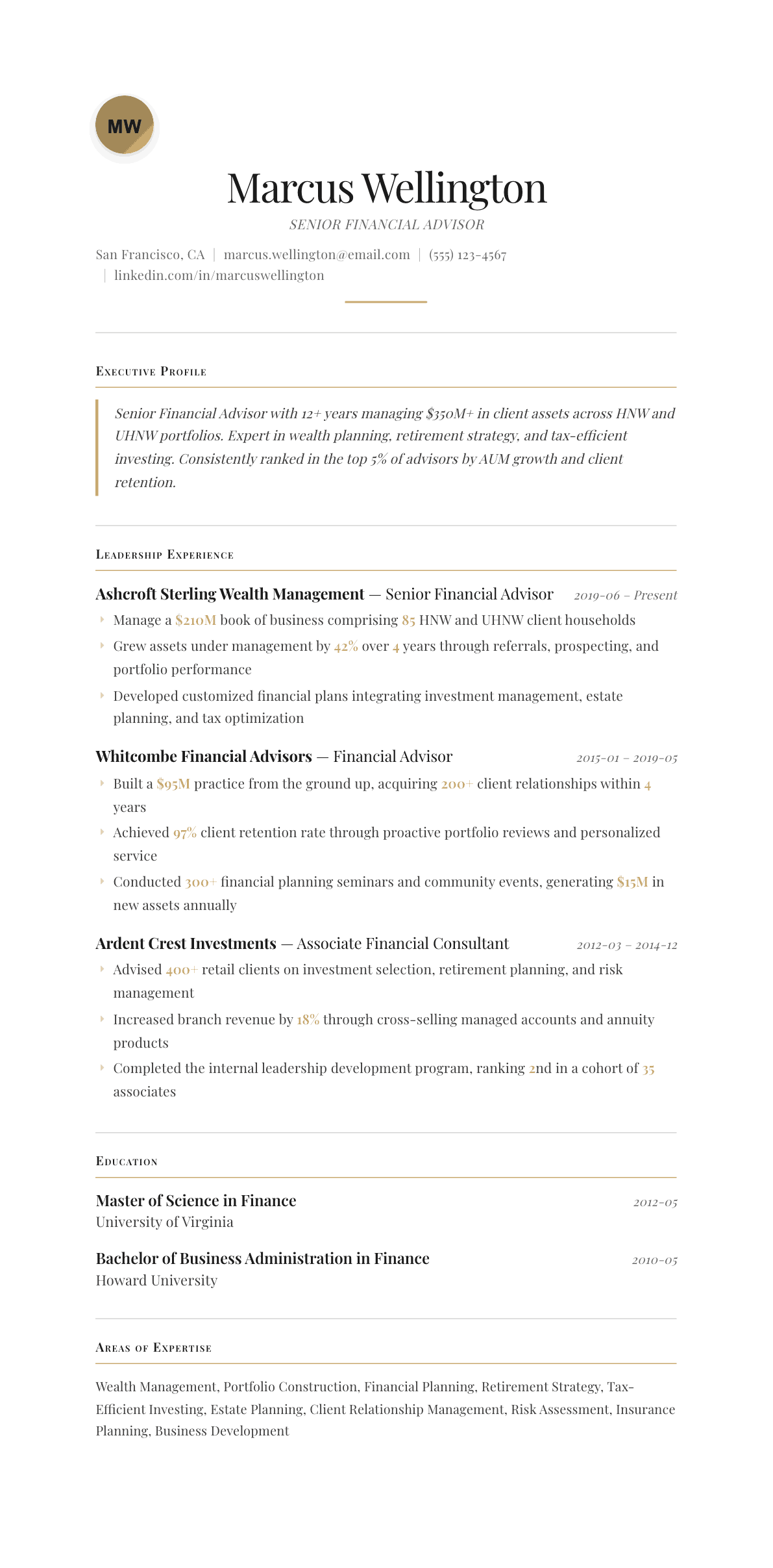 Financial Advisor resume example, Chancellor template