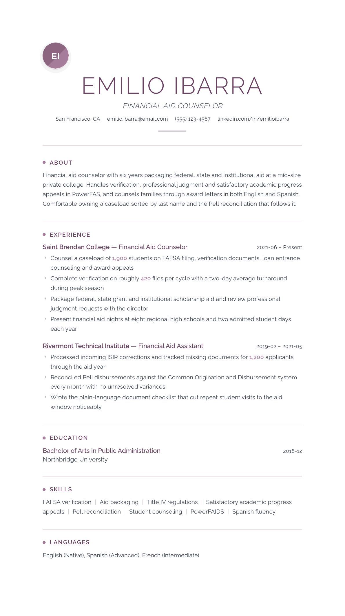 Financial Aid Counselor resume example, Serenity template