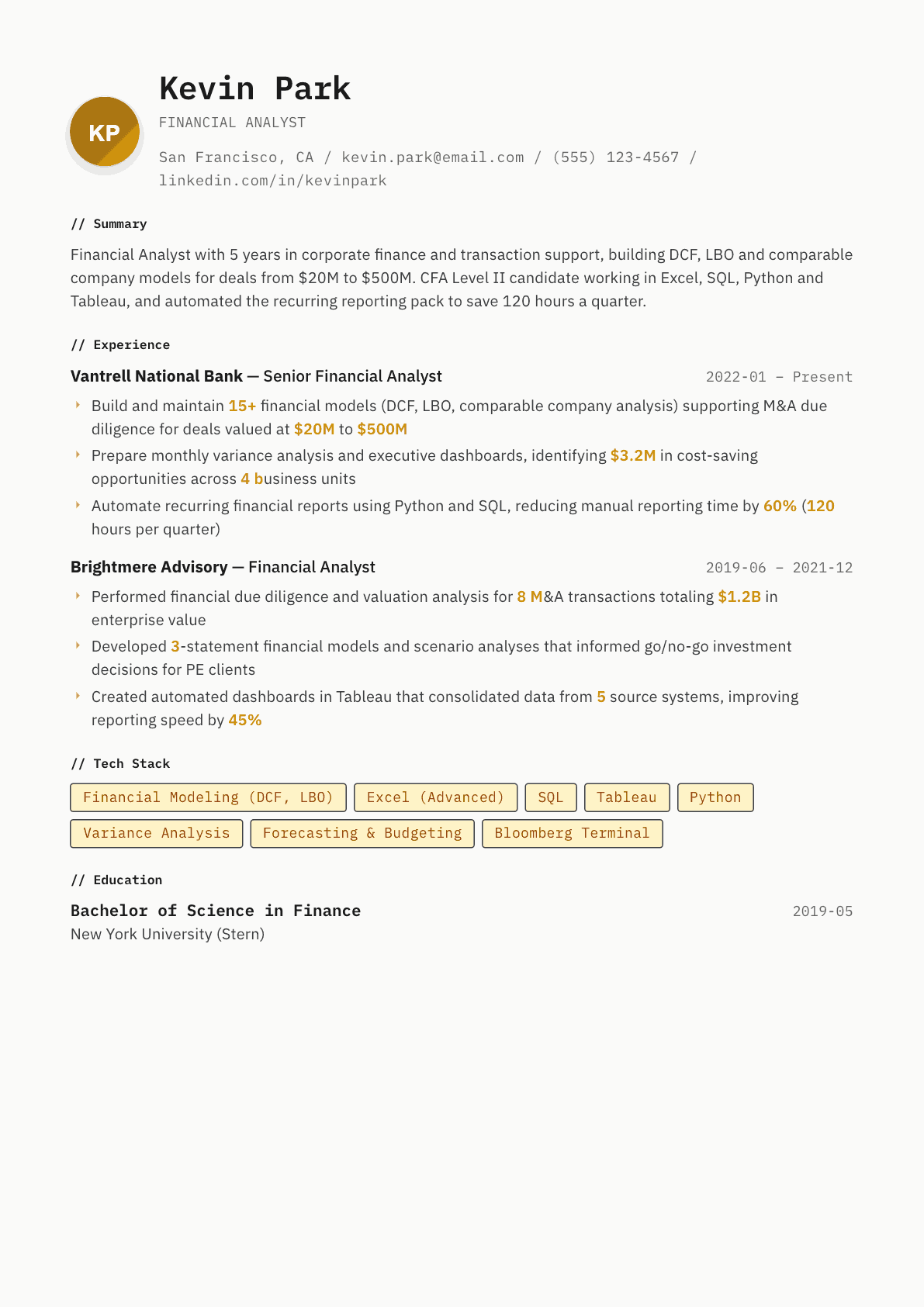 Financial Analyst resume example, Inkwell template