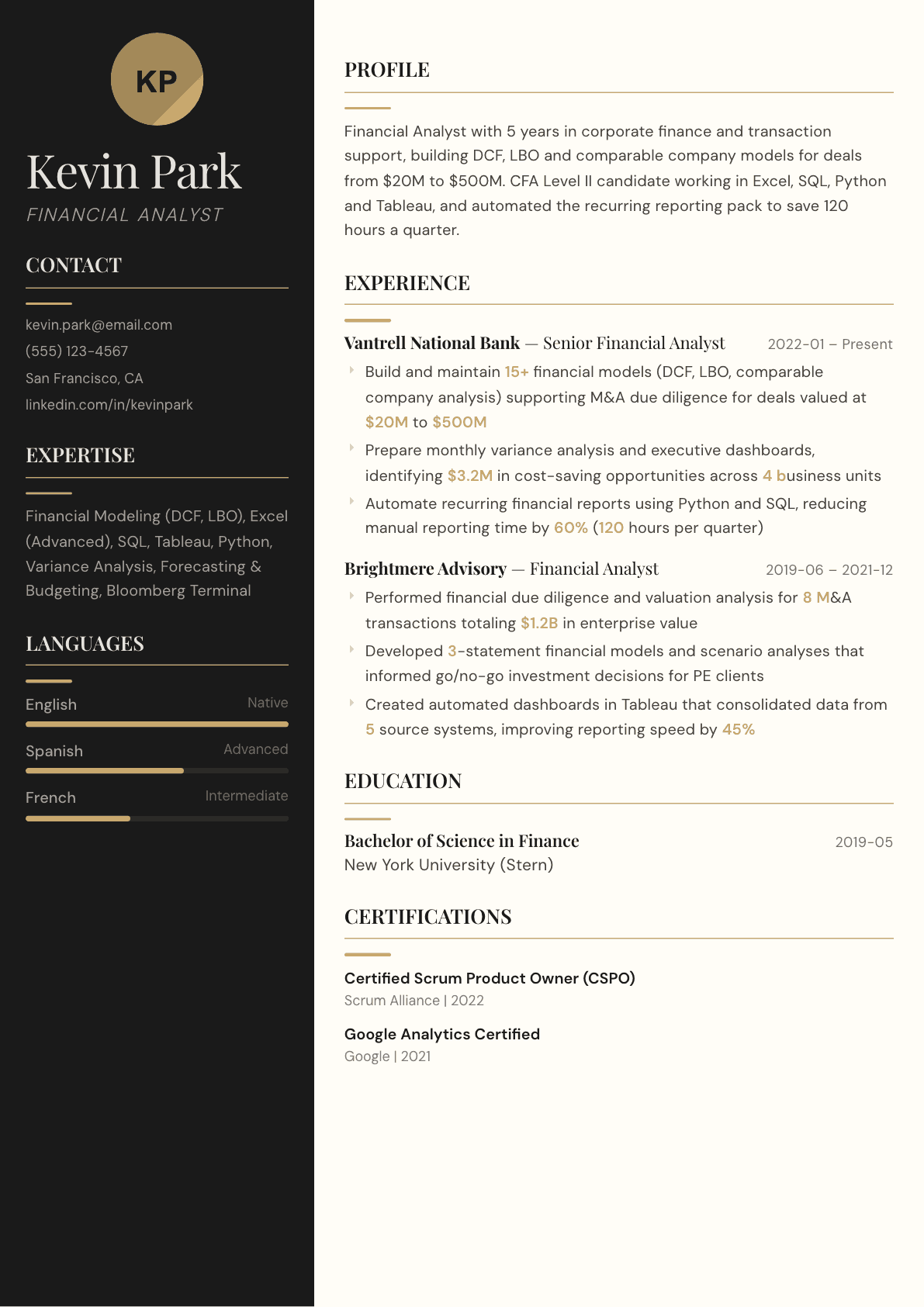 Financial Analyst resume example, Obsidian template