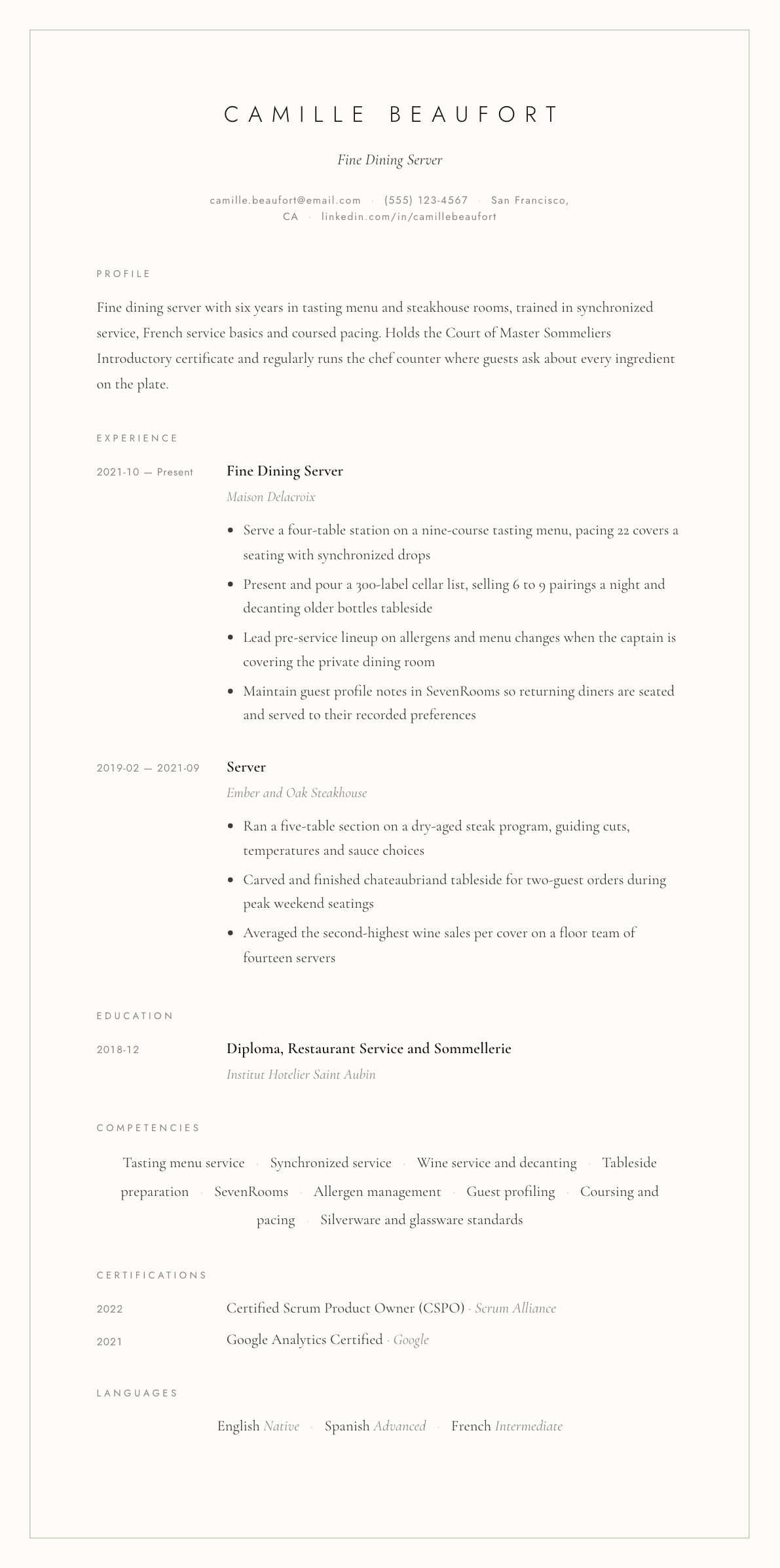 Fine Dining Server resume example, Vellum template