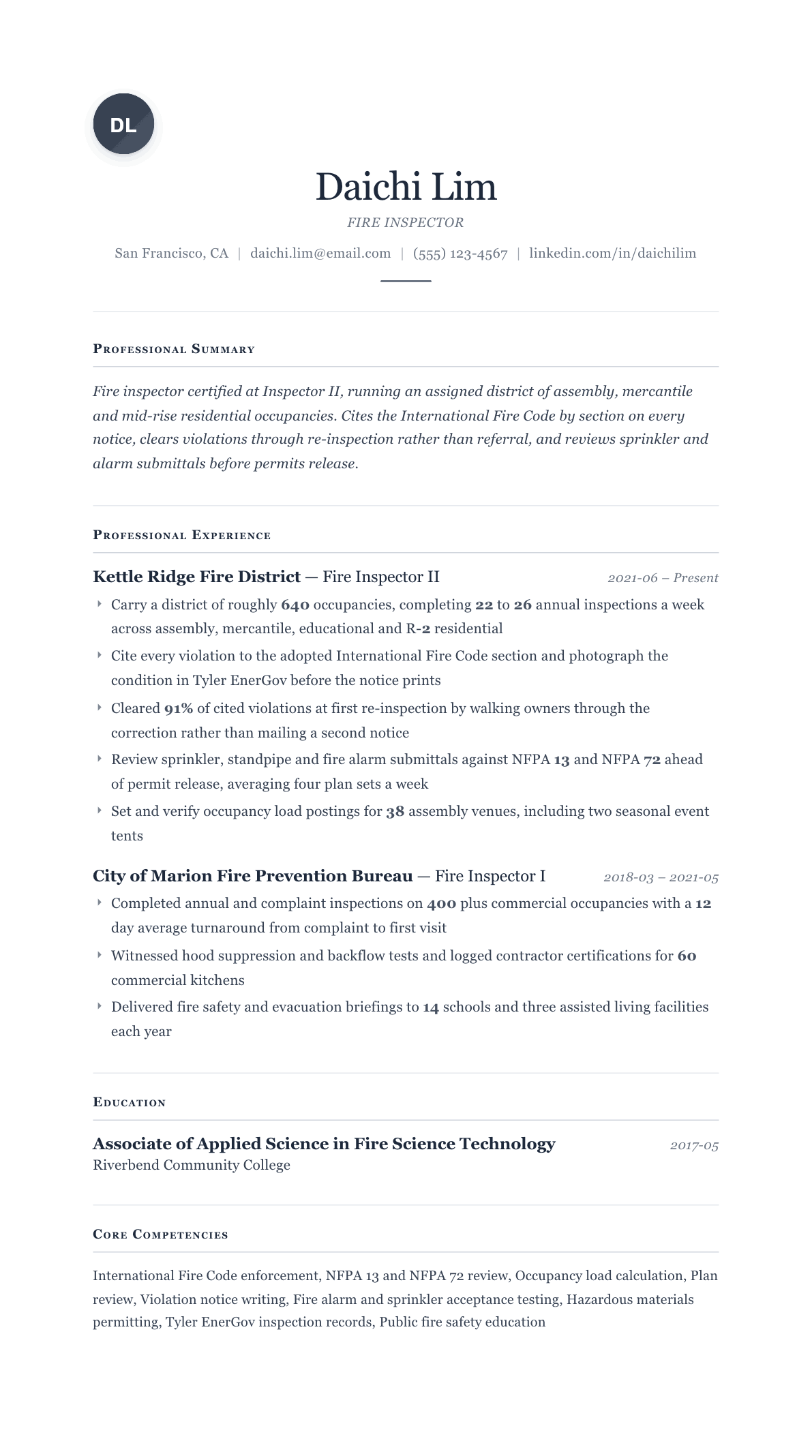 Fire Inspector resume example, Cornerstone template