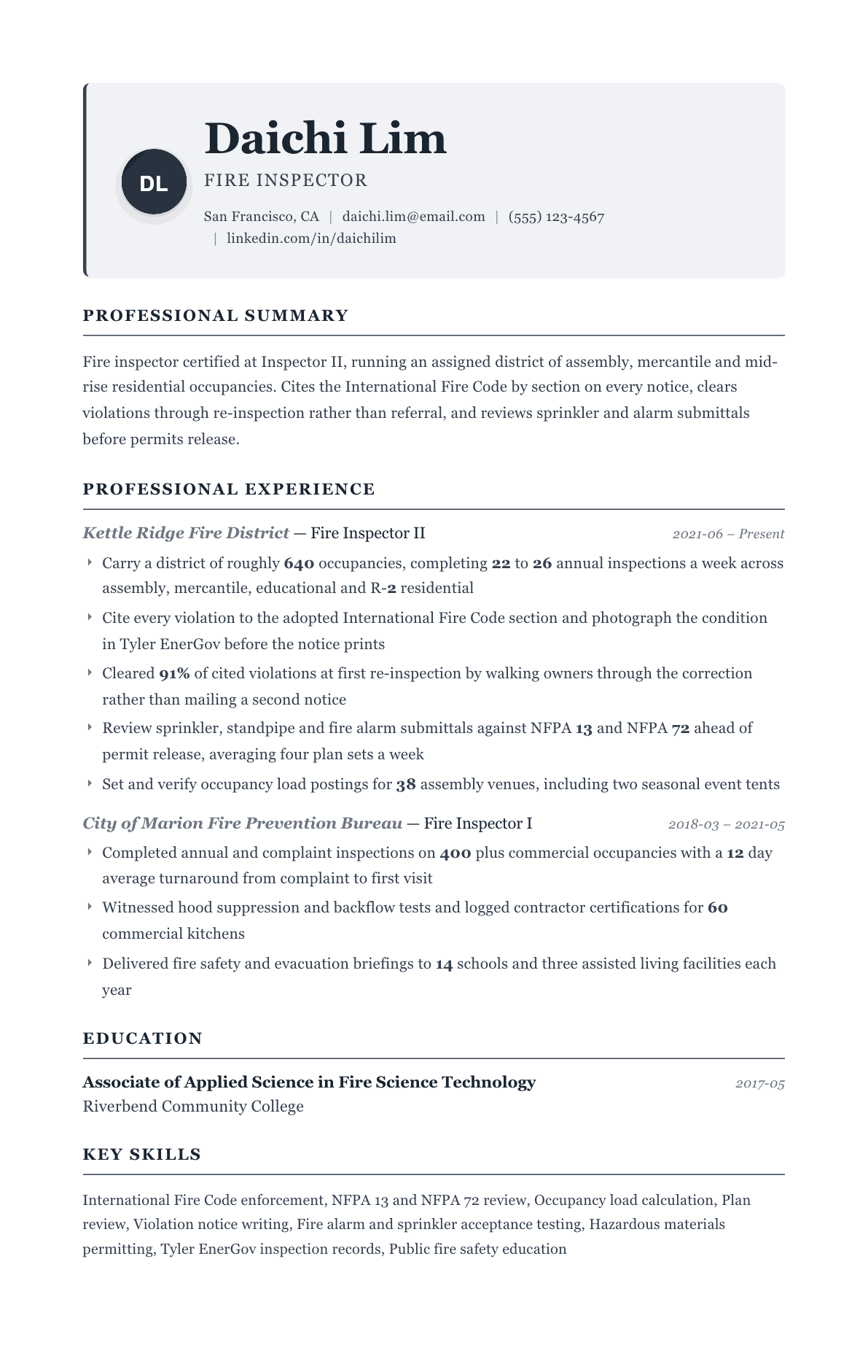 Fire Inspector resume example, Traditional template