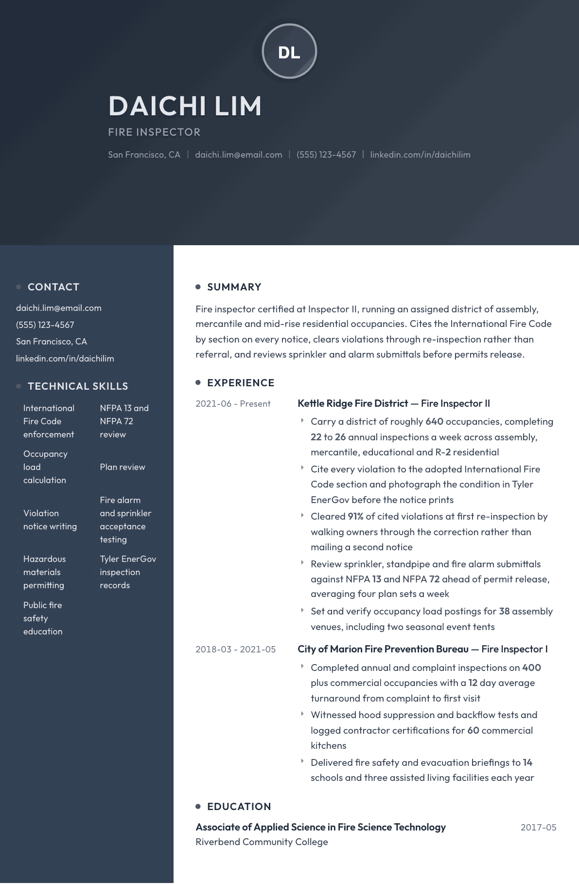 Fire Inspector resume example, Binary template