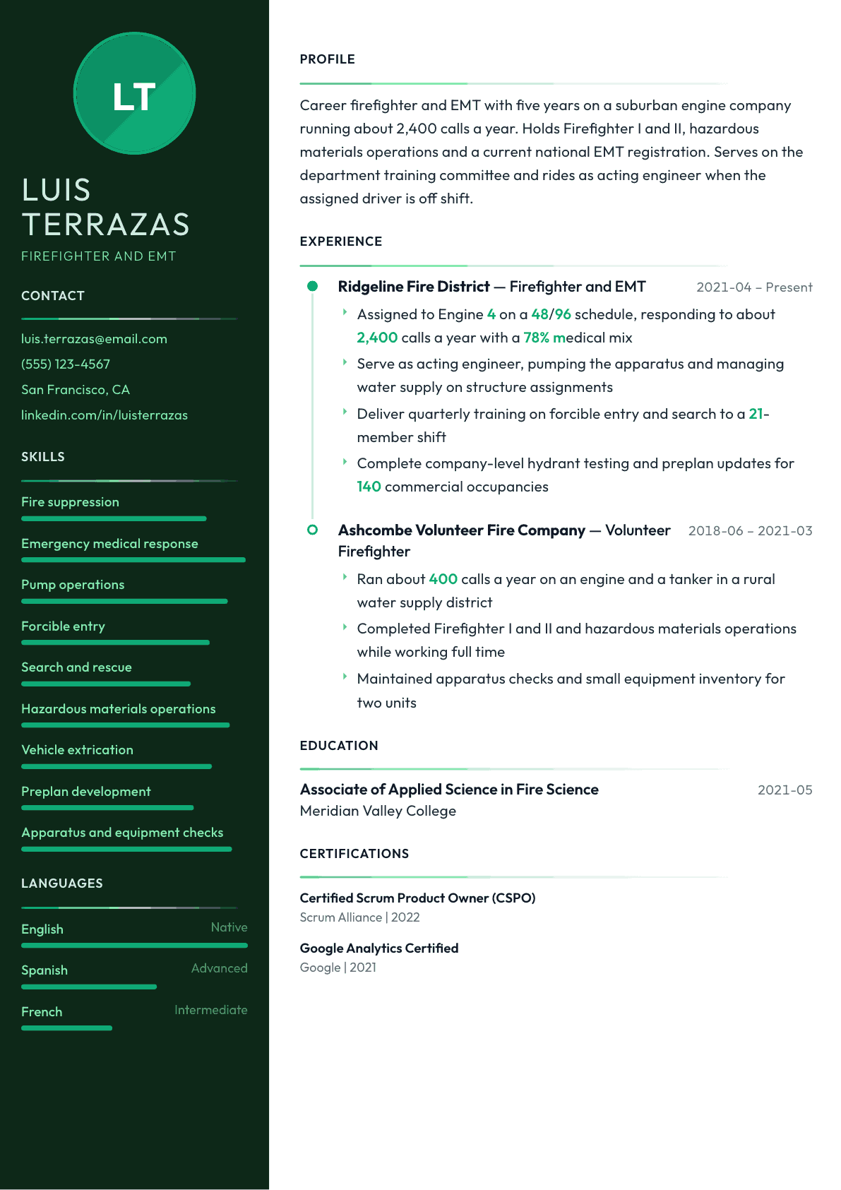 Firefighter resume example, Meridian template