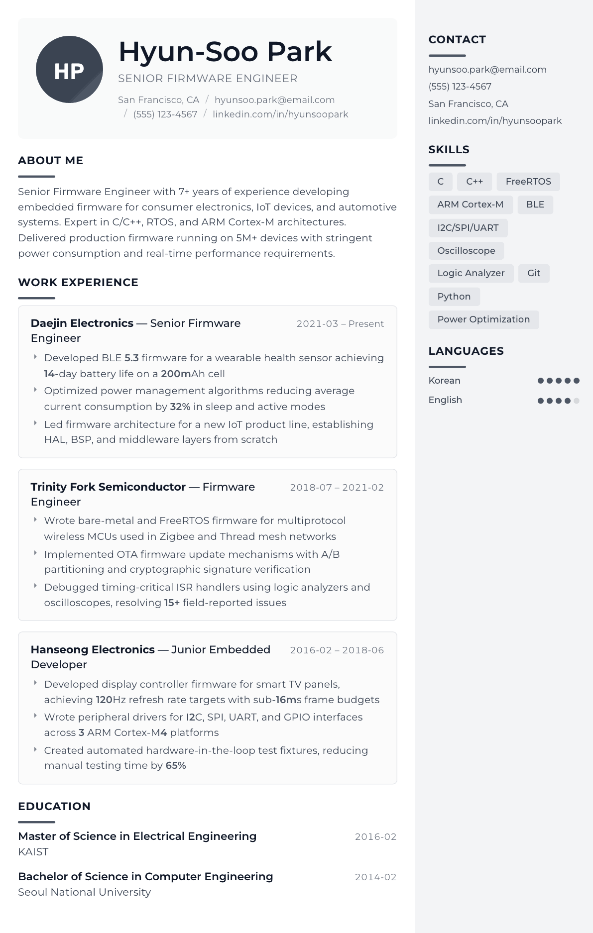 Firmware Engineer resume example, Metropolitan template