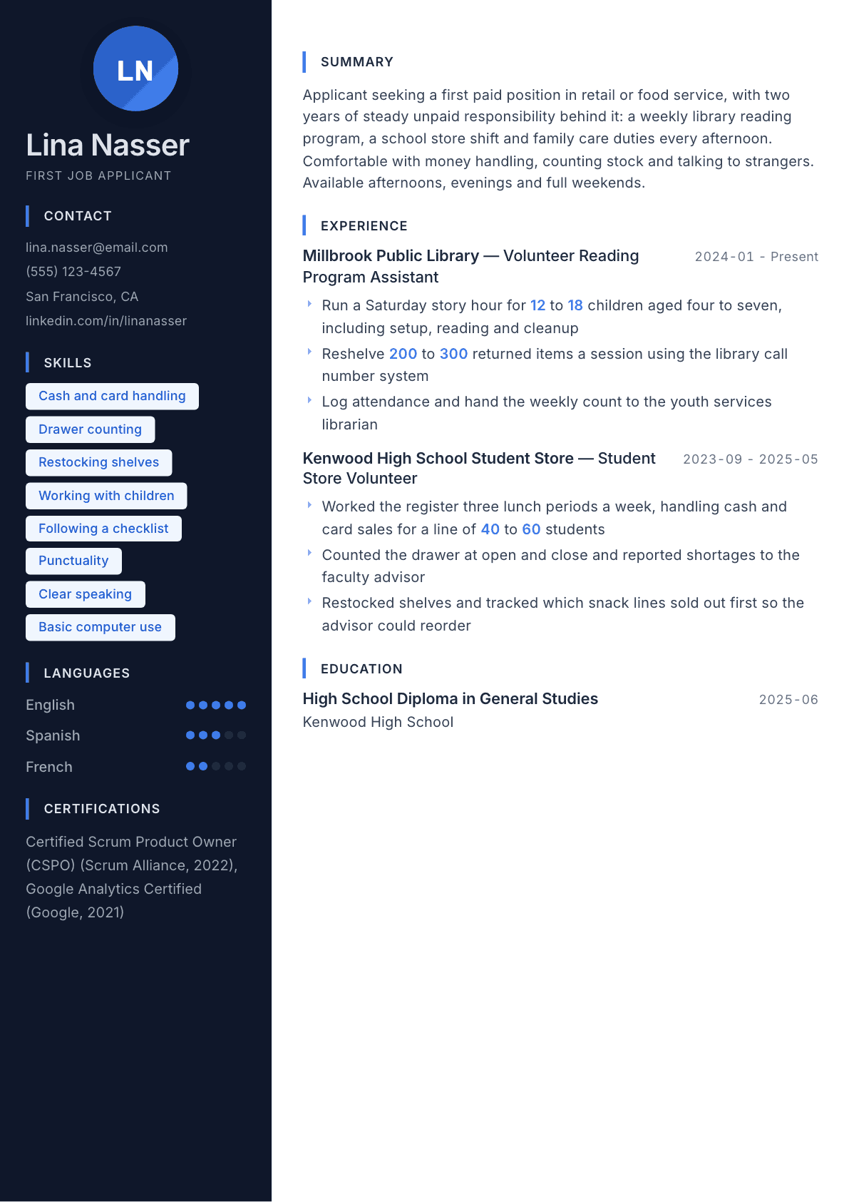 First Job resume example, Midnight Sapphire template
