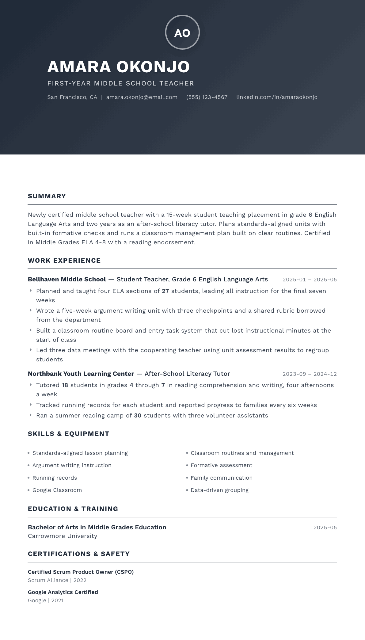 First-Year Teacher resume example, Foundation template