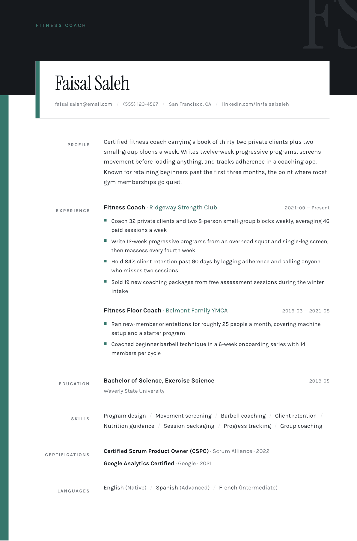 Fitness Coach resume example, Quarto template