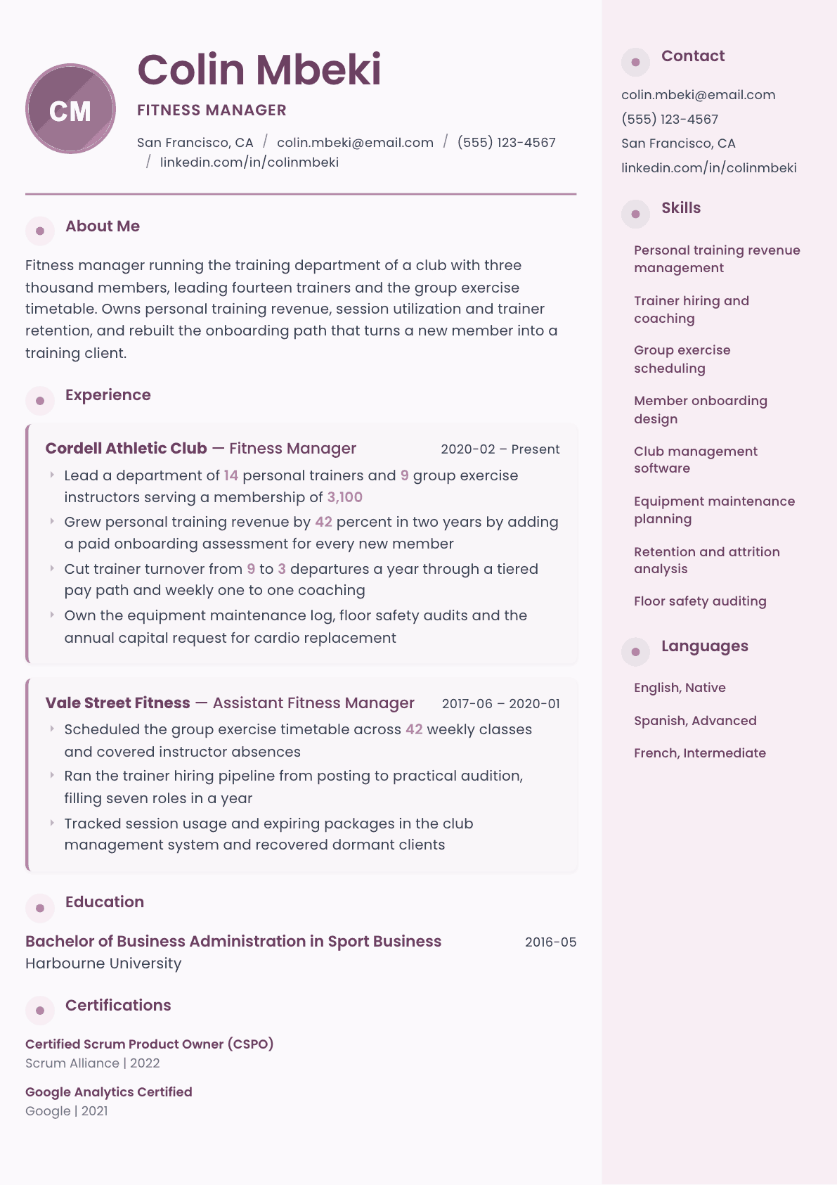 Fitness Manager resume example, Bloom template