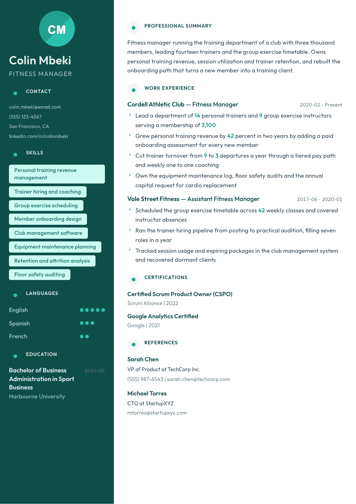 Fitness Manager resume example, Vienna template