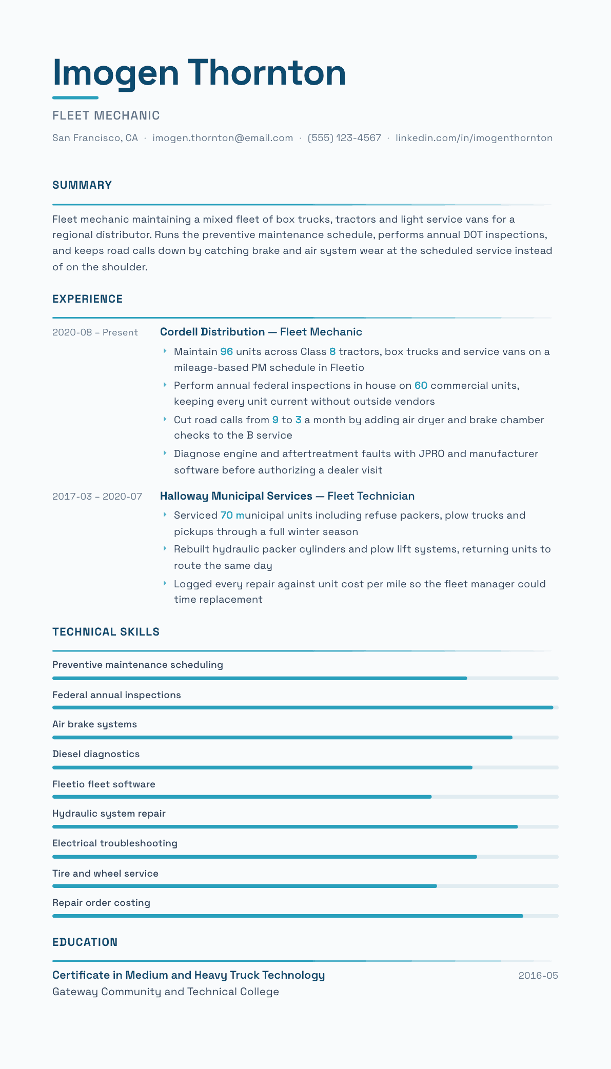Fleet Mechanic resume example, Velocity template